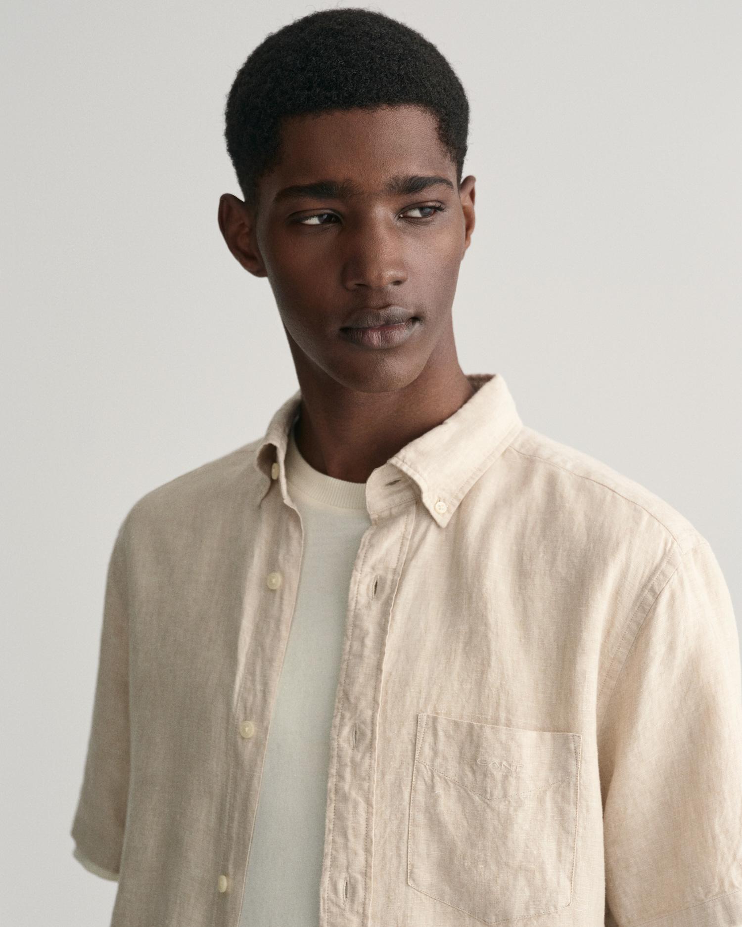 GANT Erkek Bej Regular Fit Düğmeli Yaka Keten Gömlek