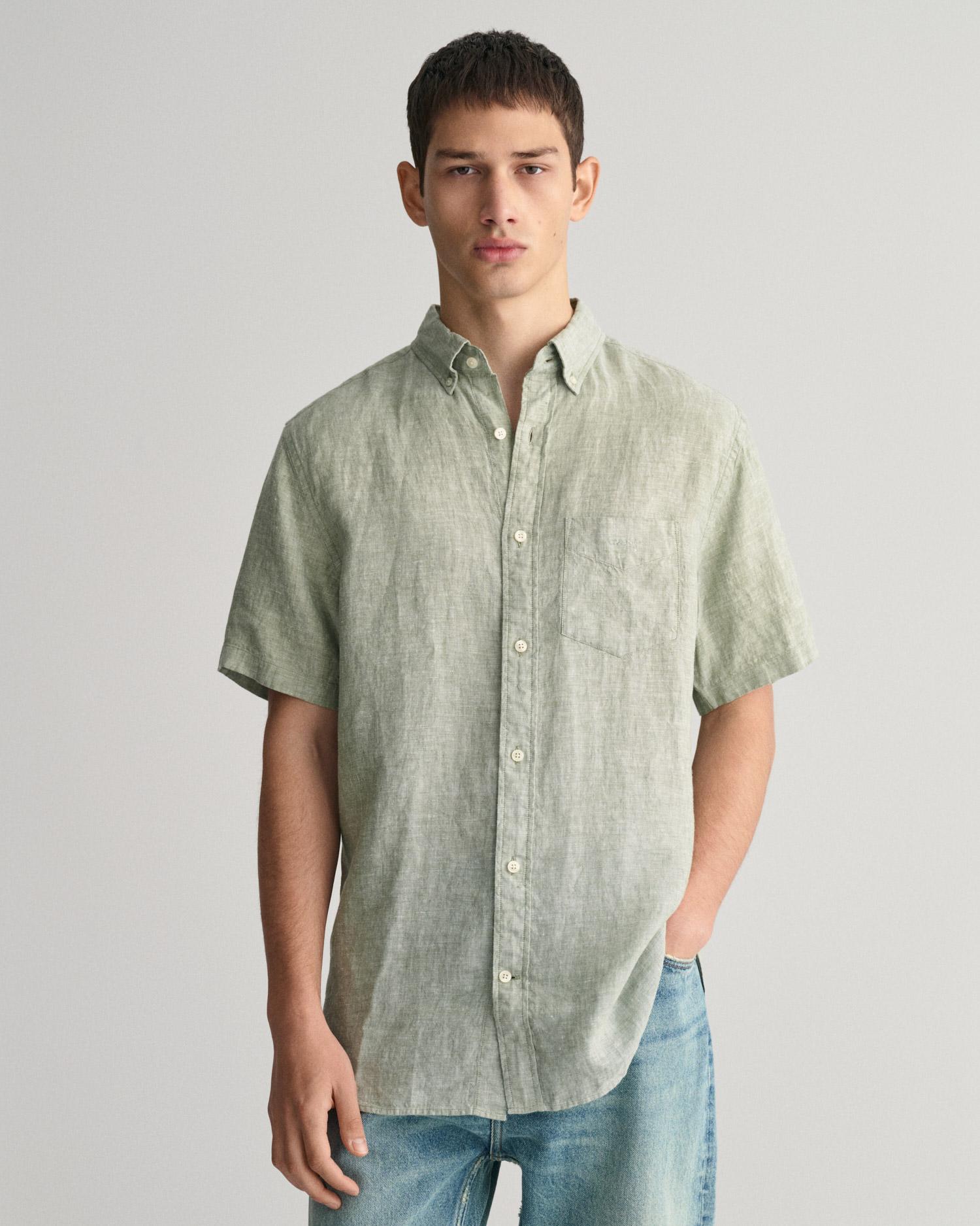 GANT Erkek Yeşil Regular Fit Düğmeli Yaka Keten Gömlek