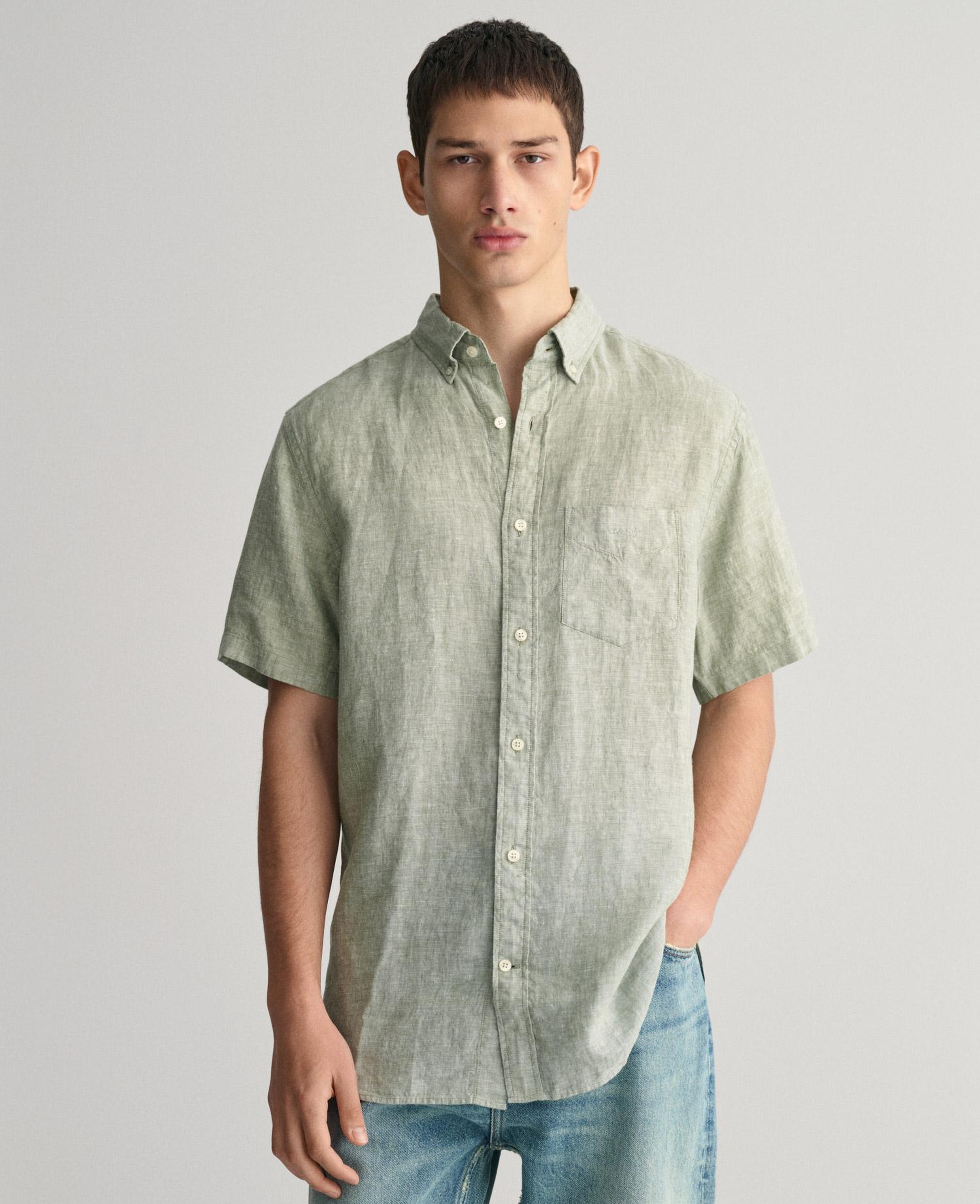 GANT Erkek Yeşil Regular Fit Düğmeli Yaka Keten Gömlek