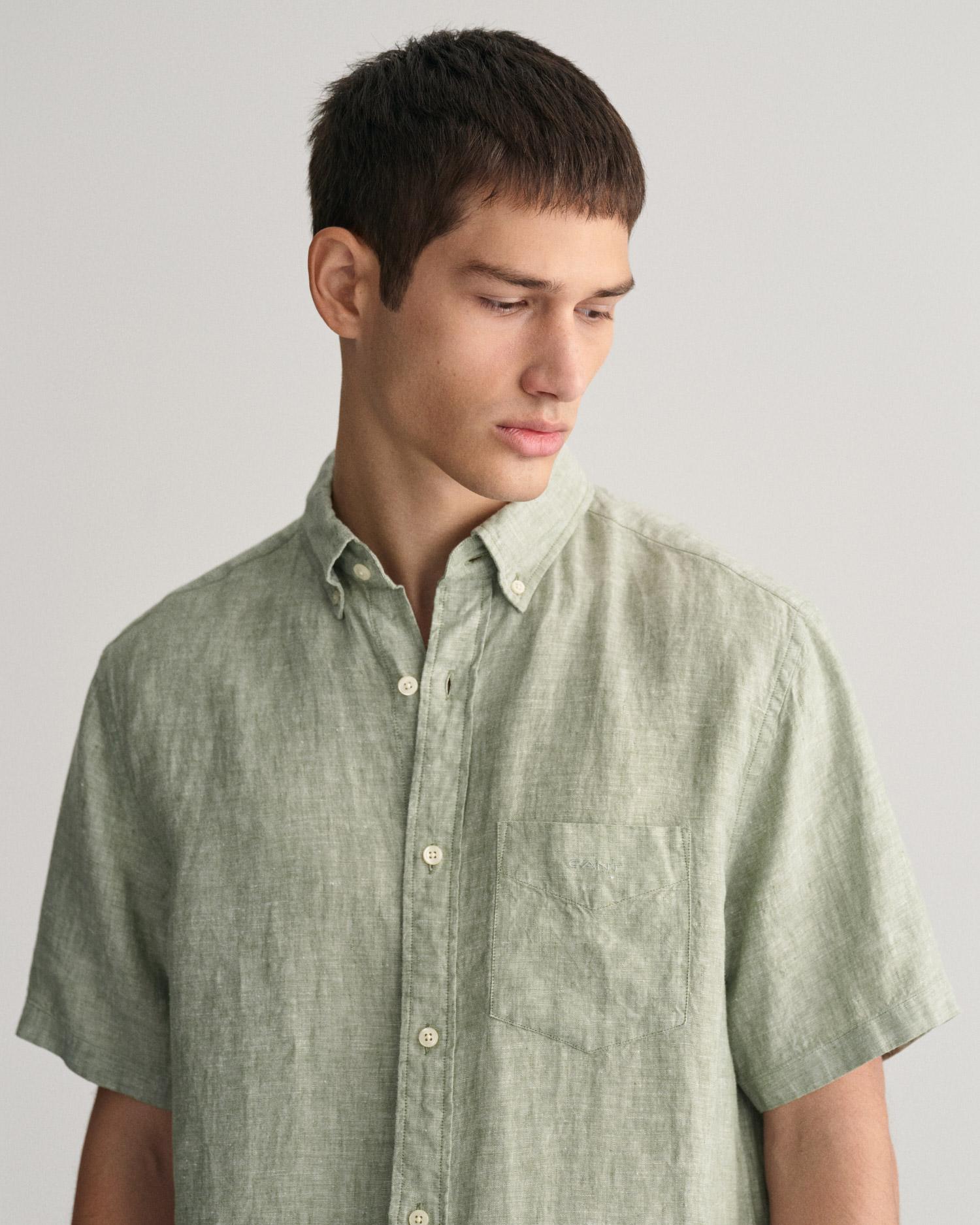 GANT Erkek Yeşil Regular Fit Düğmeli Yaka Keten Gömlek