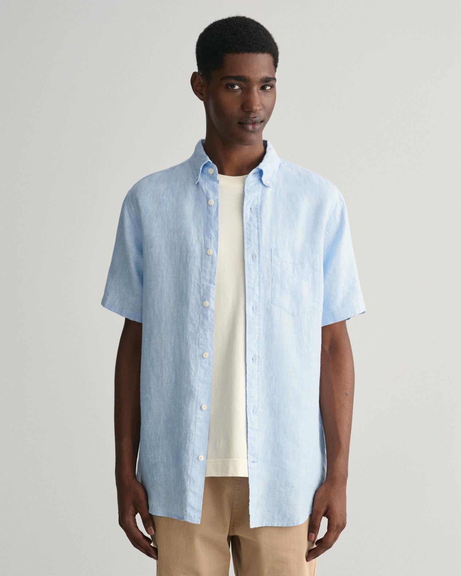 Gant Erkek Mavi Regular Fit Düğmeli Yaka Keten Gömlek