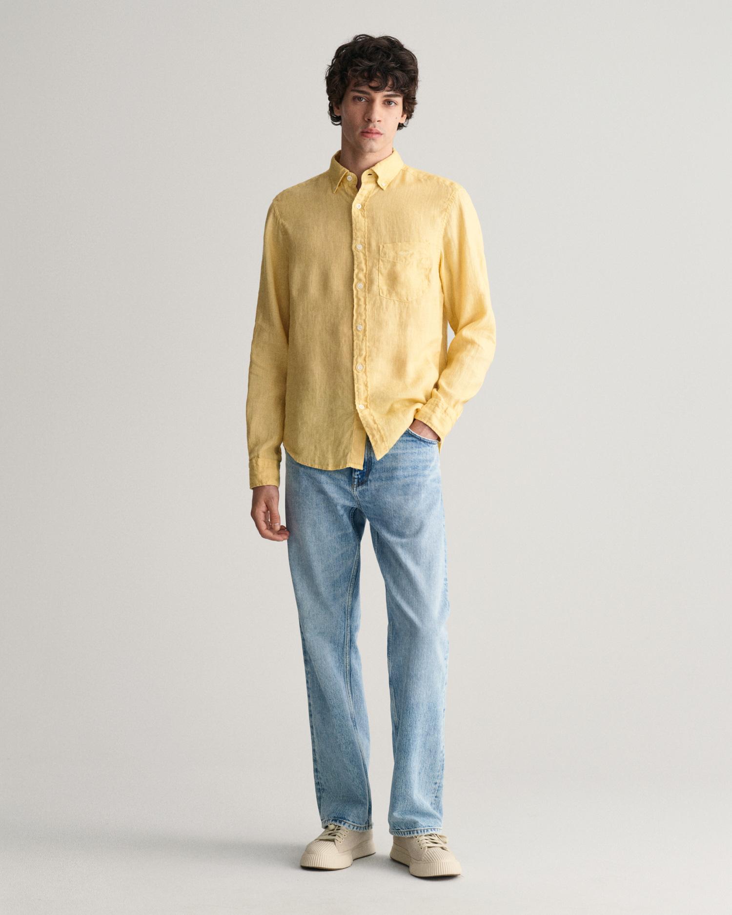 GANT Erkek Sarı Regular Fit Düğmeli Yaka Keten Gömlek