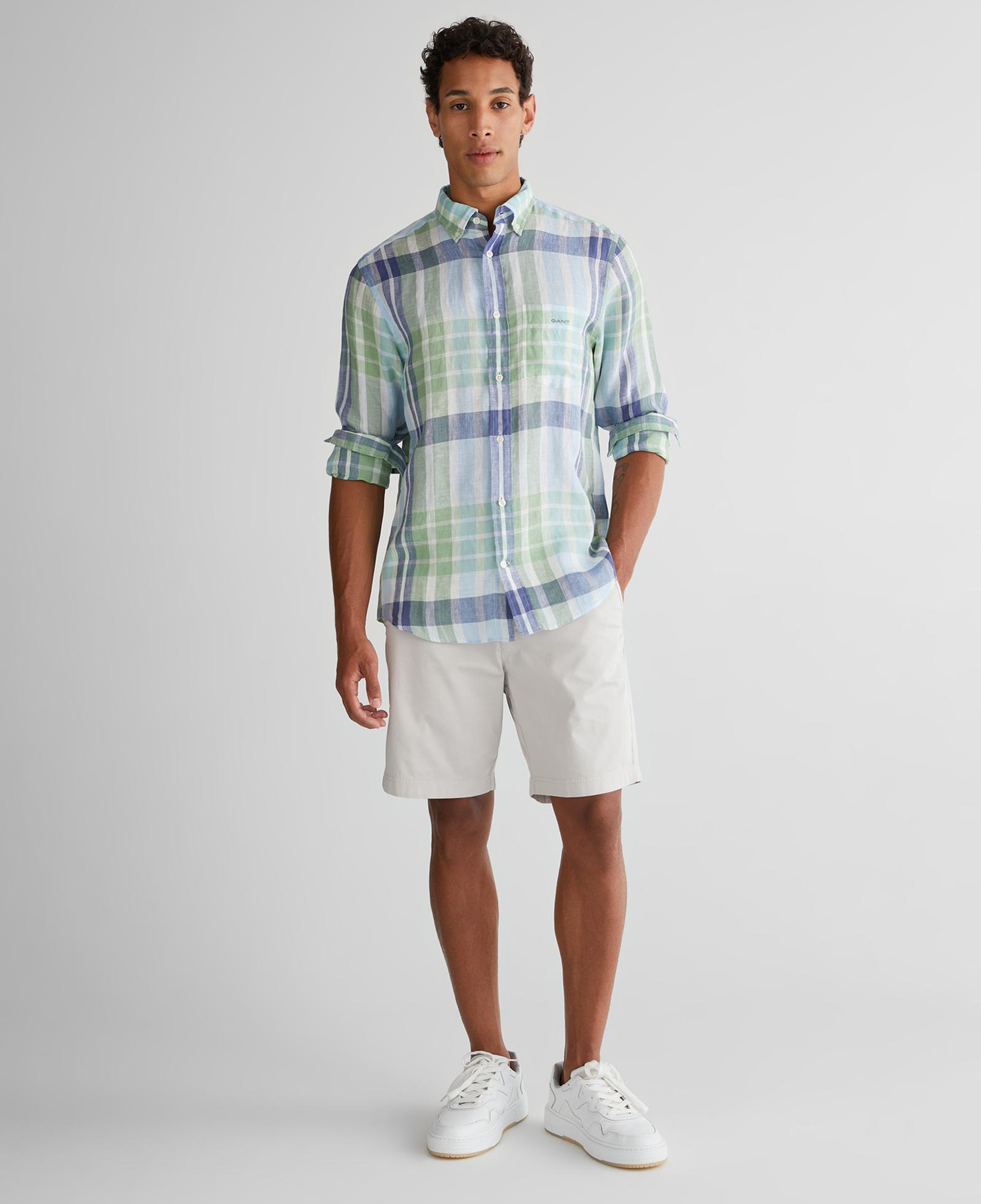 GANT Erkek Yeşil Regular Fit Düğmeli Yaka Kareli Keten Gömlek