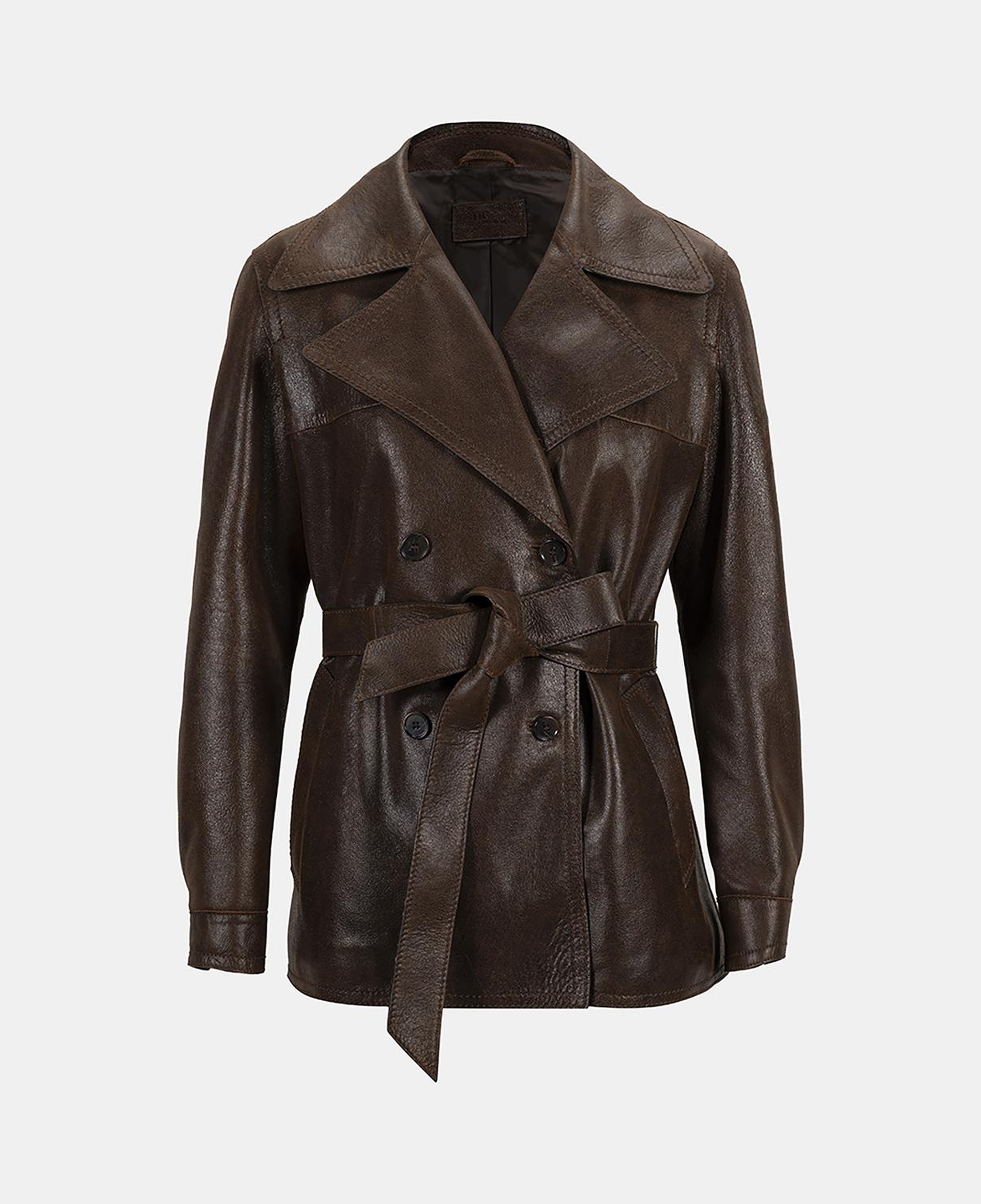 Kadın Taba Kemerli Kruvaze Deri Trençkot