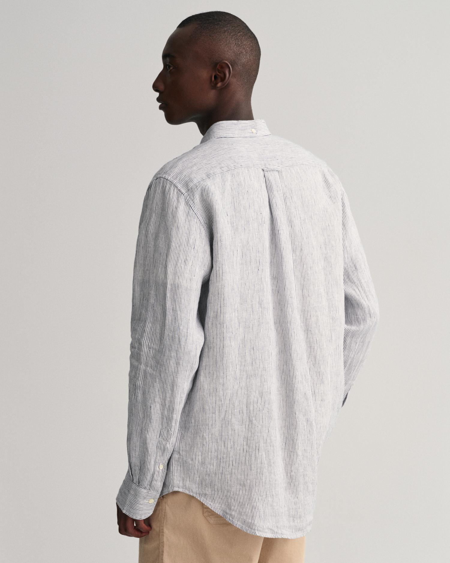 GANT Erkek Lacivert Regular Fit Çizgili Keten Gömlek