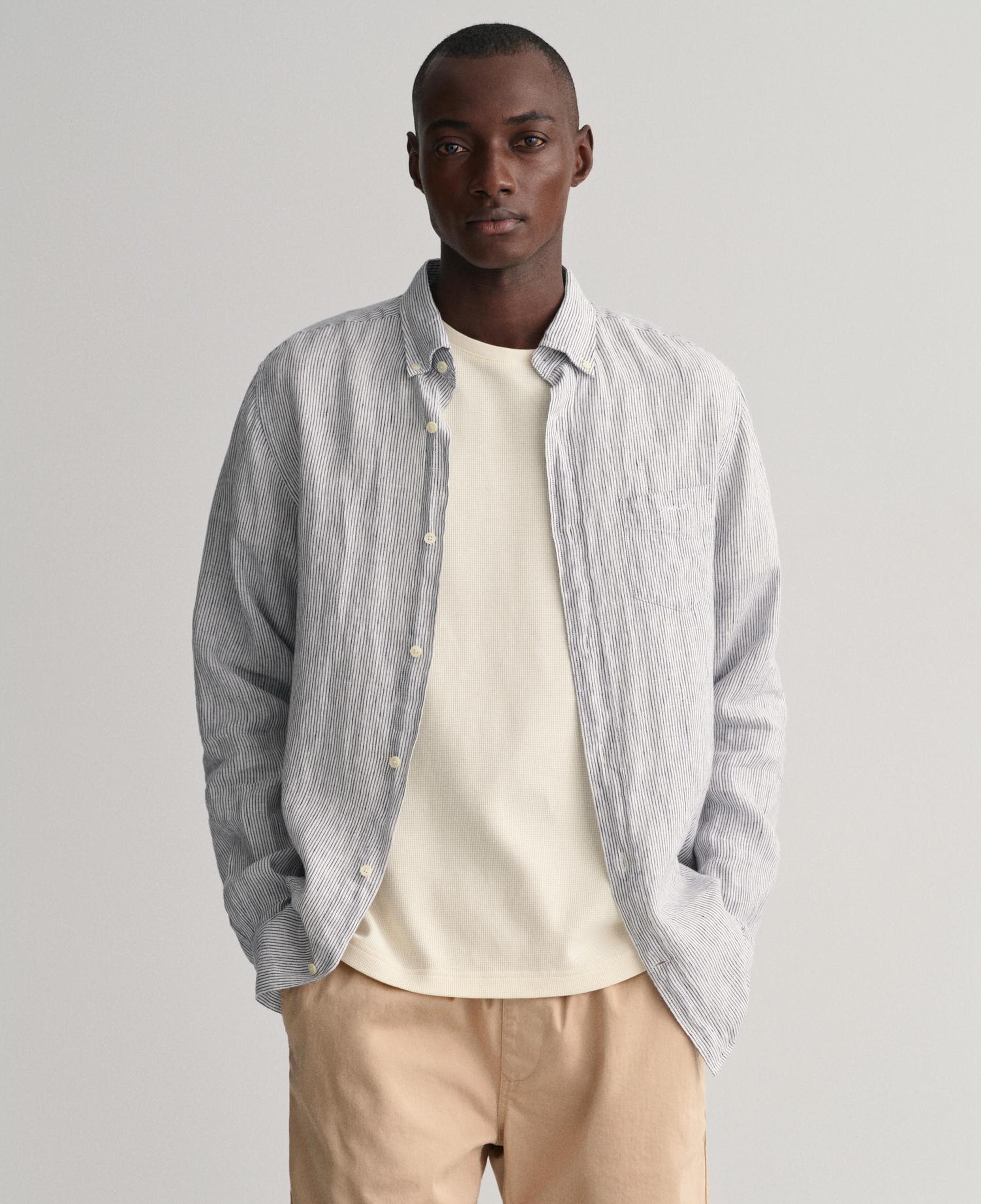 GANT Erkek Lacivert Regular Fit Çizgili Keten Gömlek