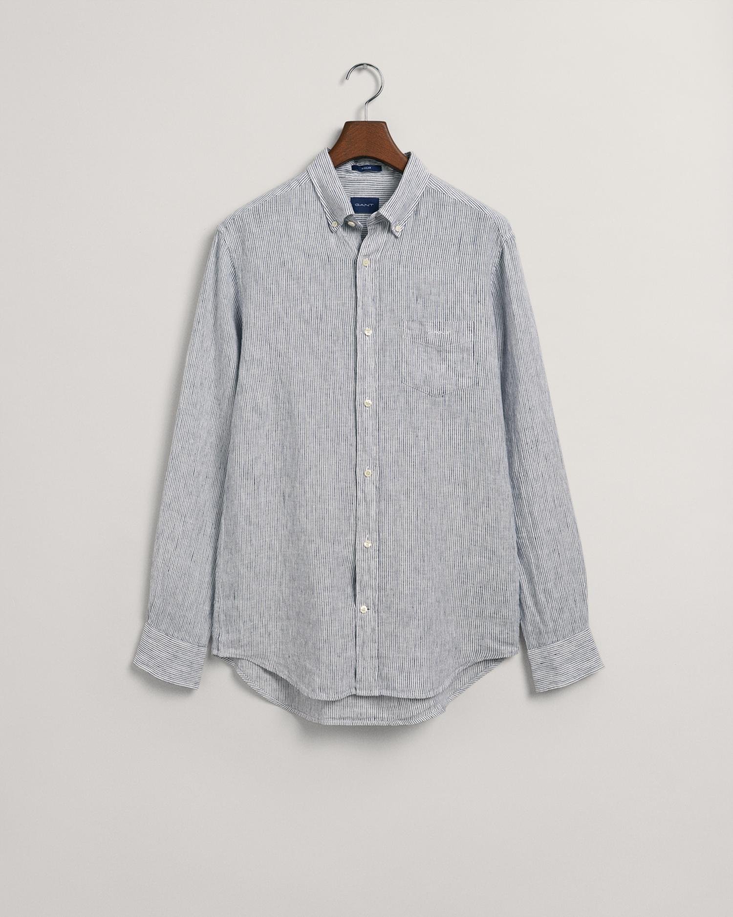 GANT Erkek Lacivert Regular Fit Çizgili Keten Gömlek