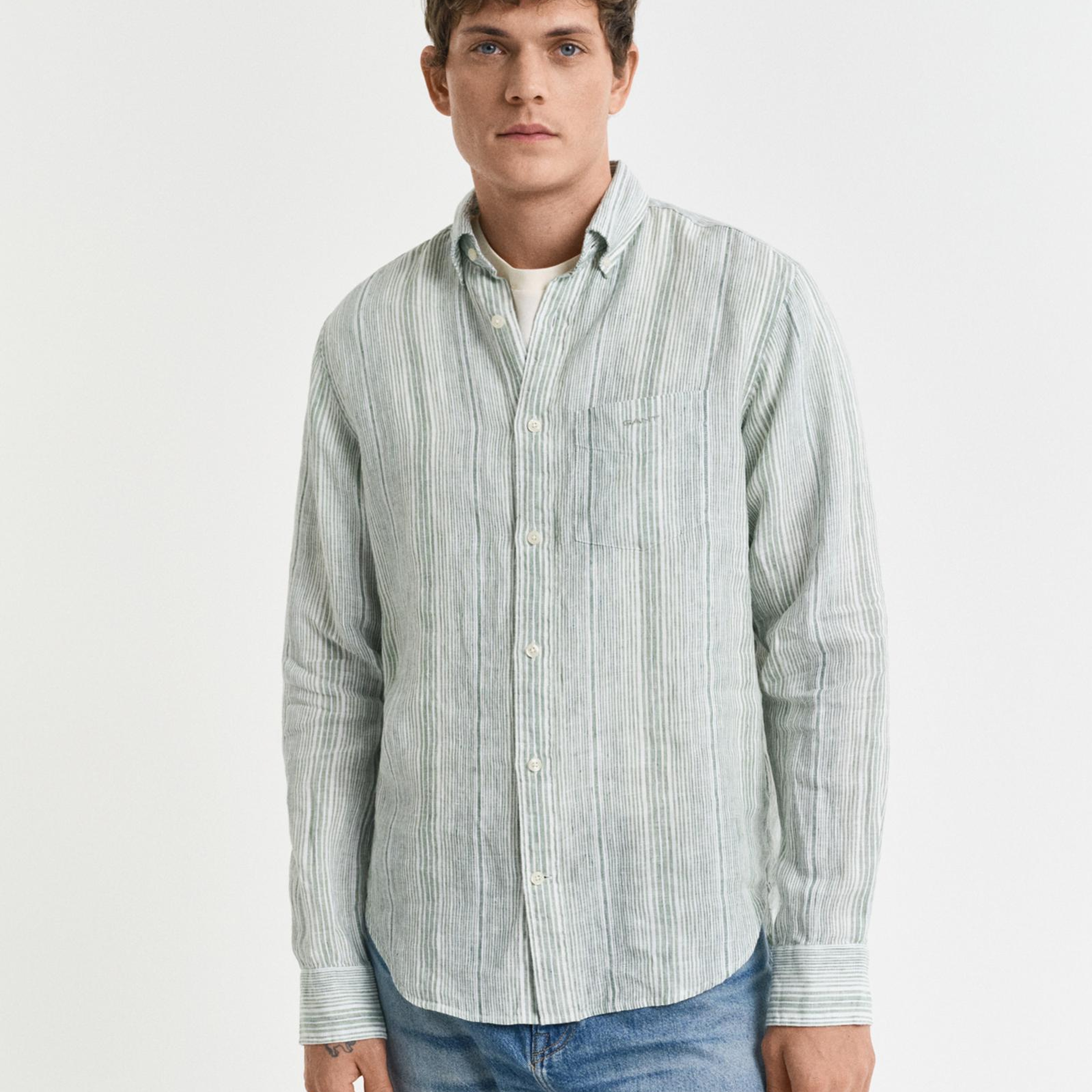GANT Erkek Yeşil Regular Fit Düğmeli Yaka Çizgili Gömlek