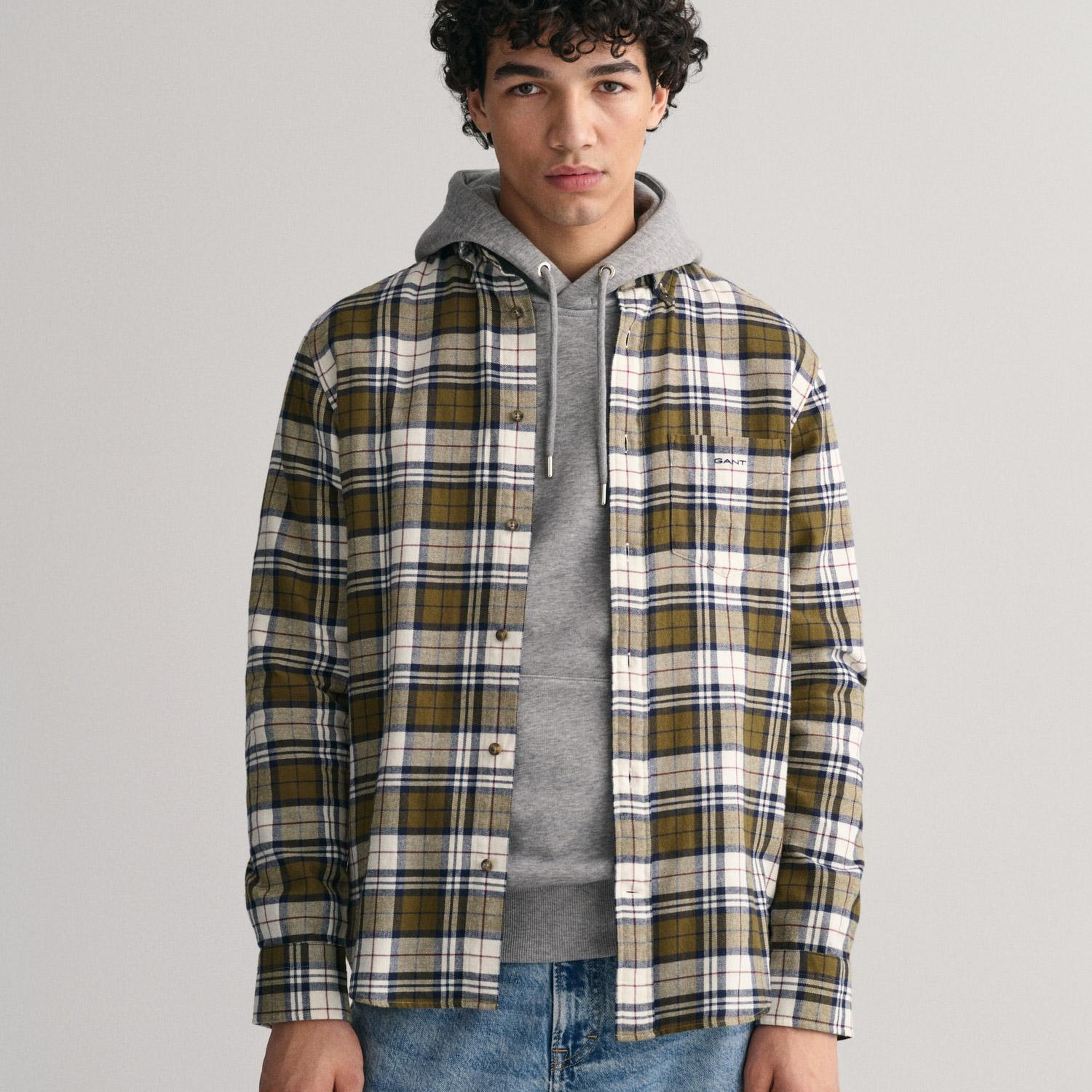 GANT Erkek Yeşil Regular Fit Düğmeli Yaka Kareli Gömlek