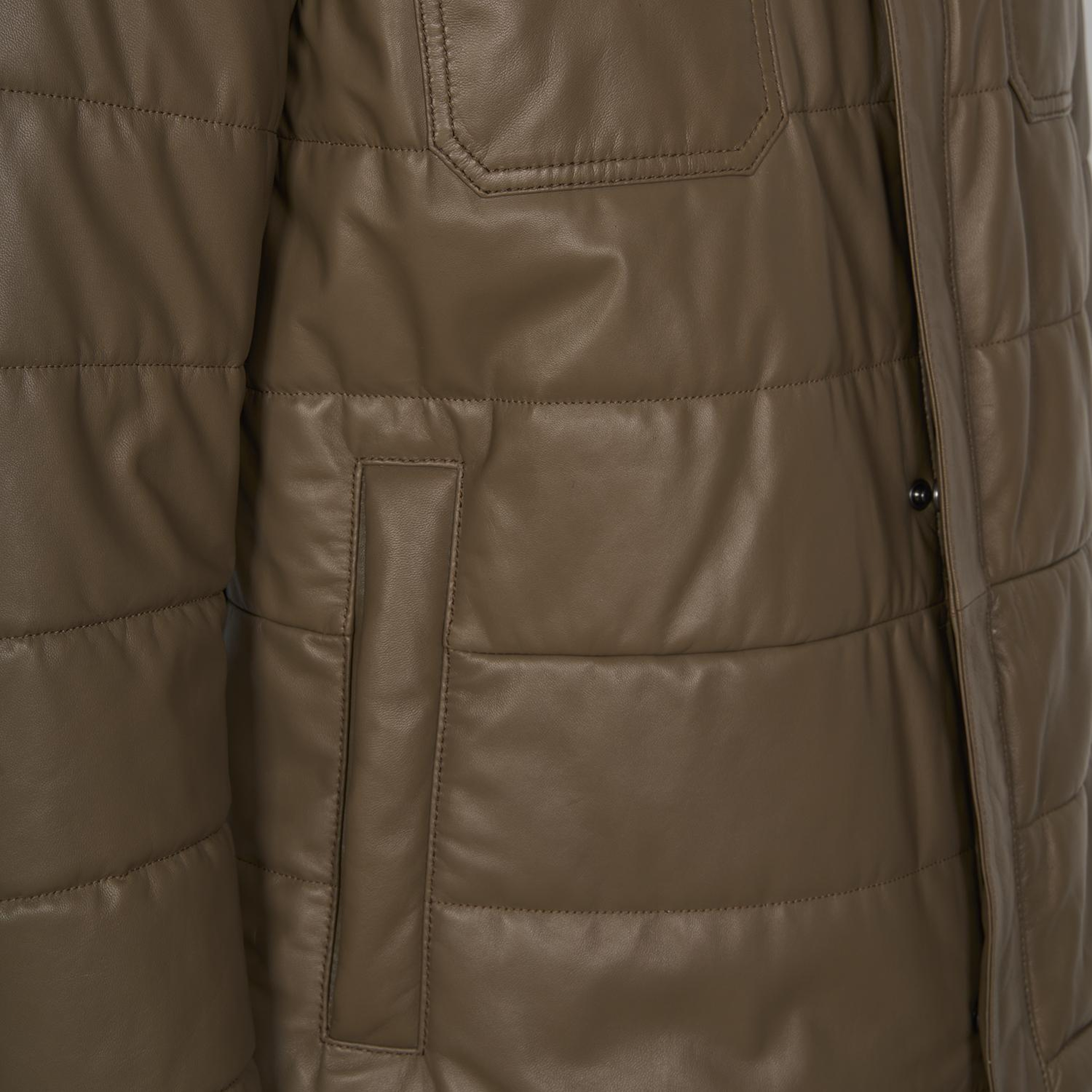 Erkek Koyu Bej Hakim Yakalı Kapüşonlu Deri Mont