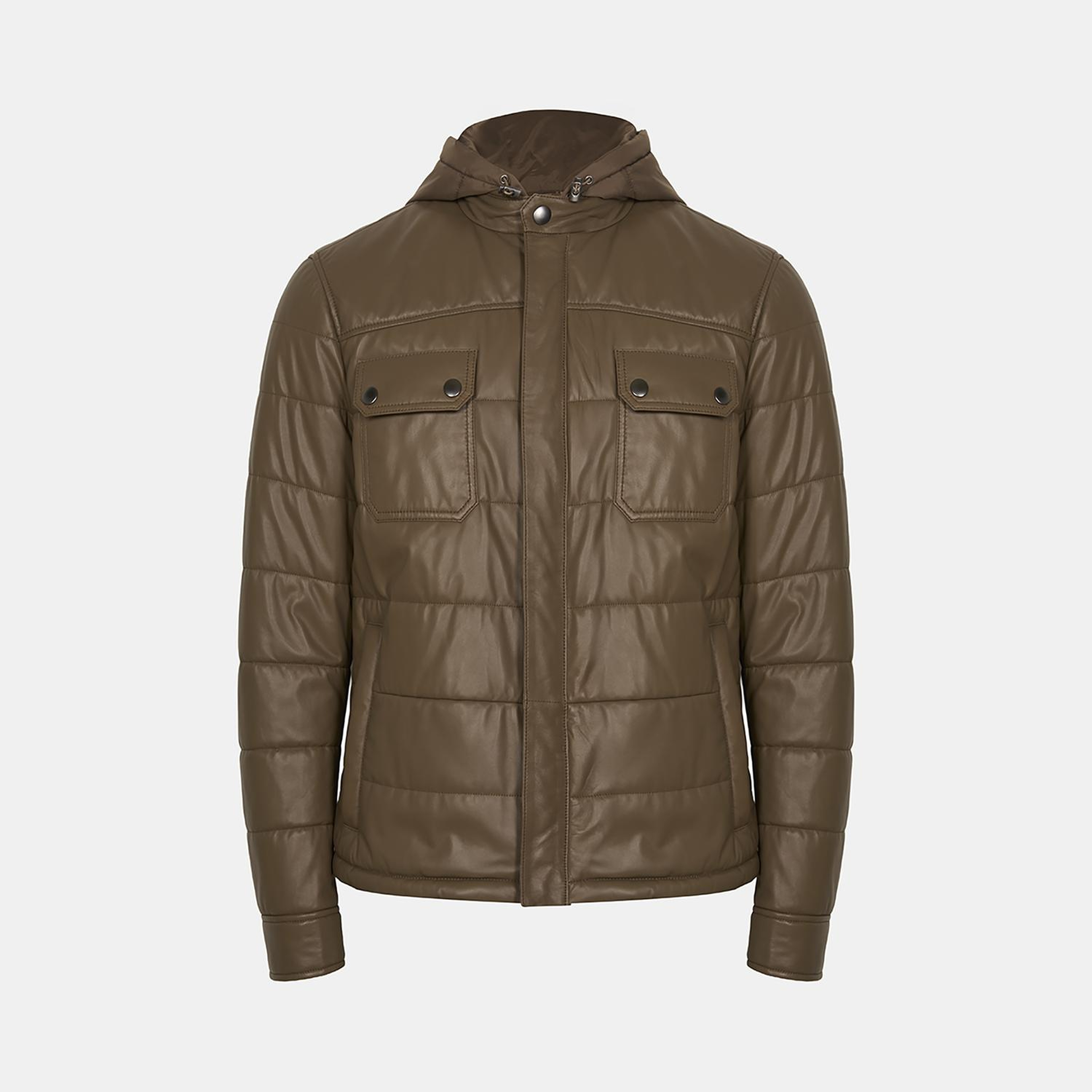 Erkek Koyu Bej Hakim Yakalı Kapüşonlu Deri Mont