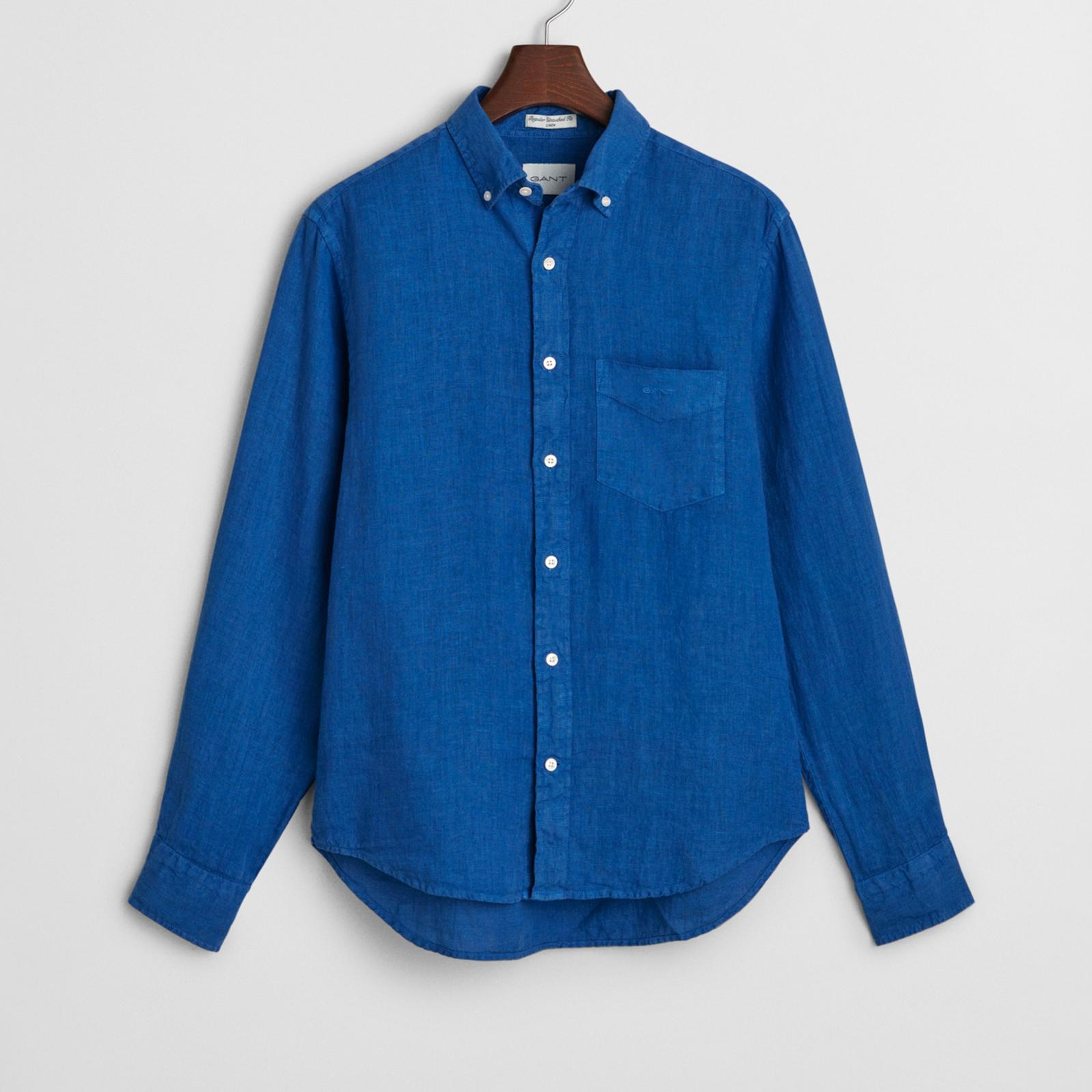Gant Erkek Lacivert Regular Fit Düğmeli Yaka Keten Gömlek