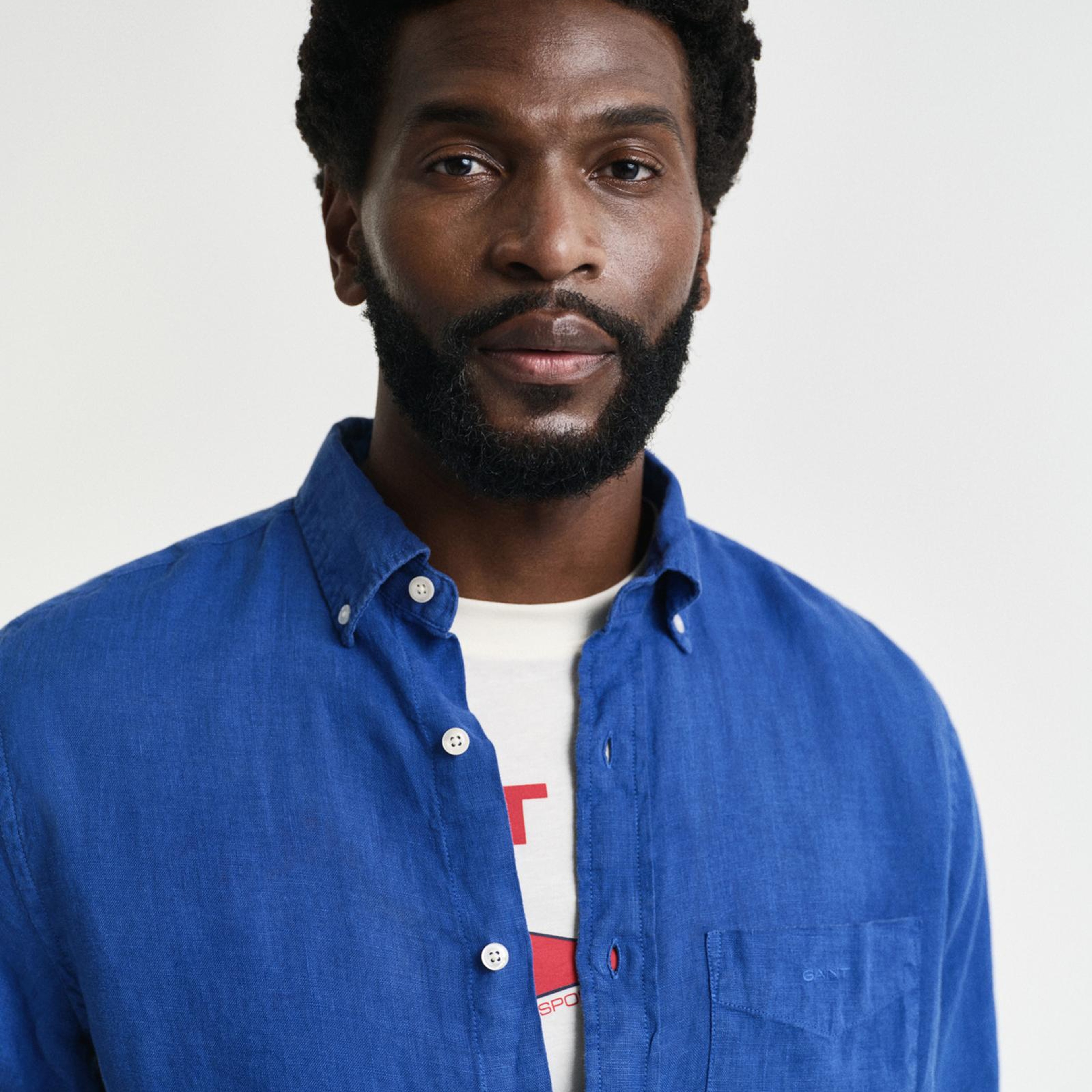 Gant Erkek Lacivert Regular Fit Düğmeli Yaka Keten Gömlek