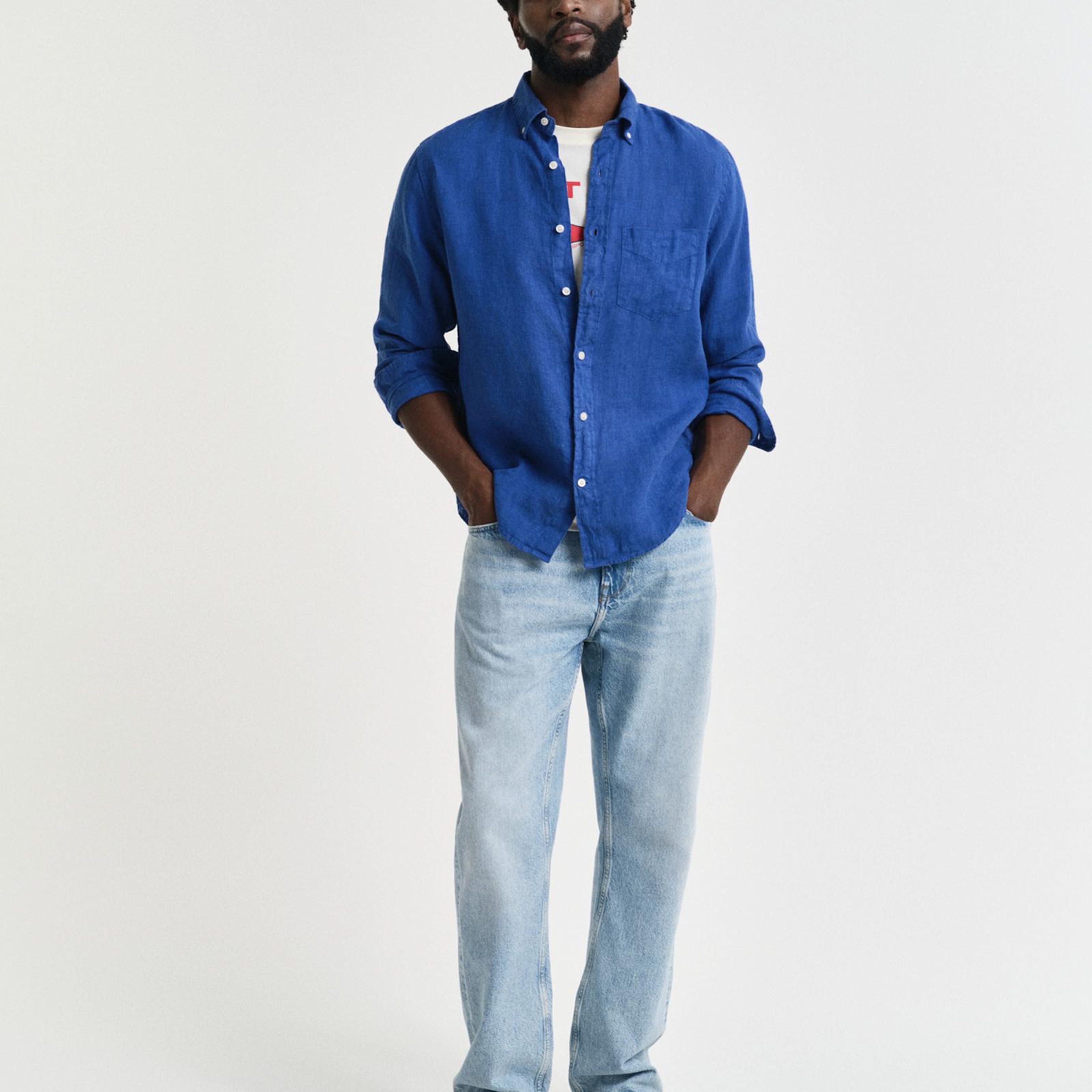 Gant Erkek Lacivert Regular Fit Düğmeli Yaka Keten Gömlek