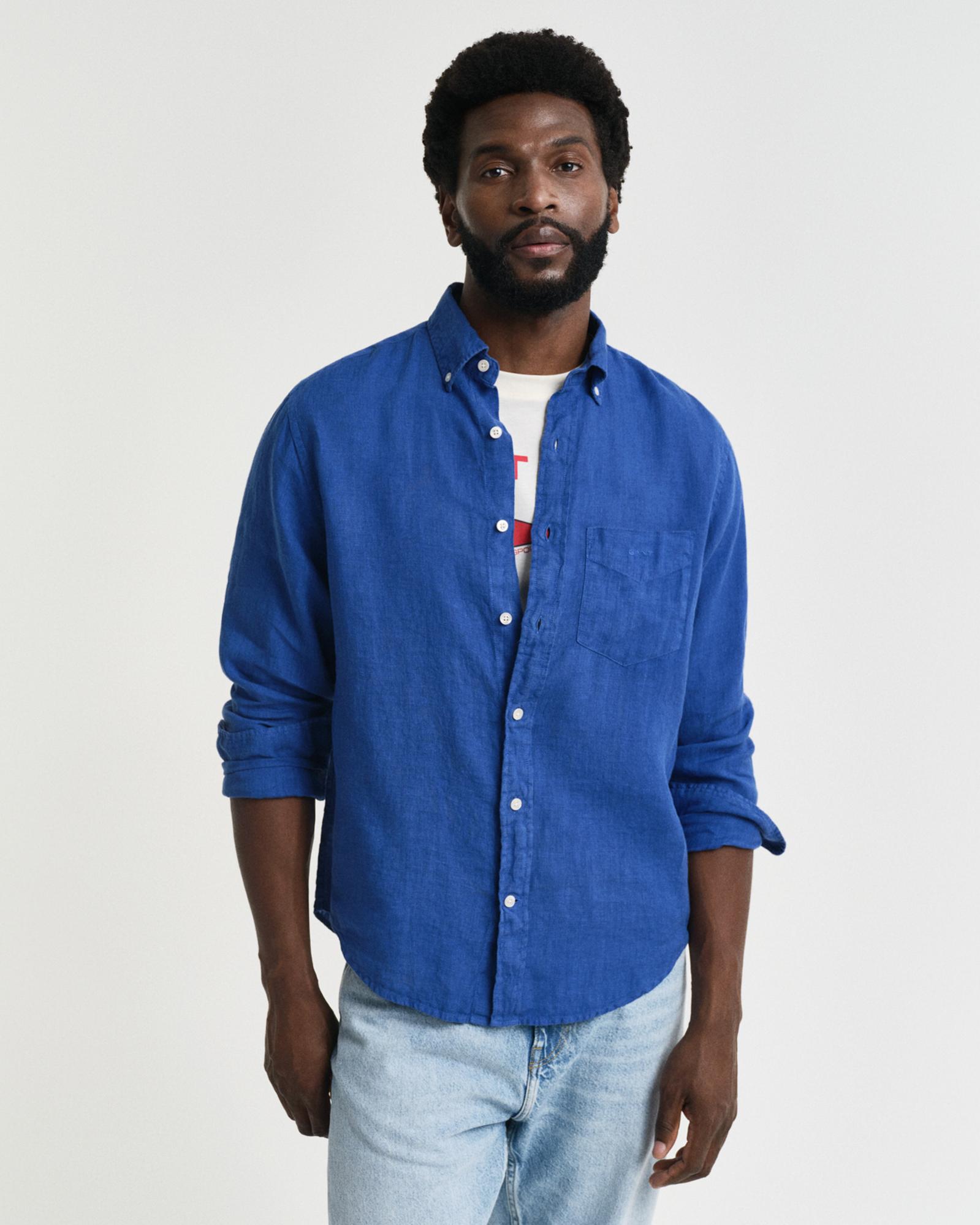 GANT Erkek Lacivert Regular Fit Düğmeli Yaka Keten Gömlek