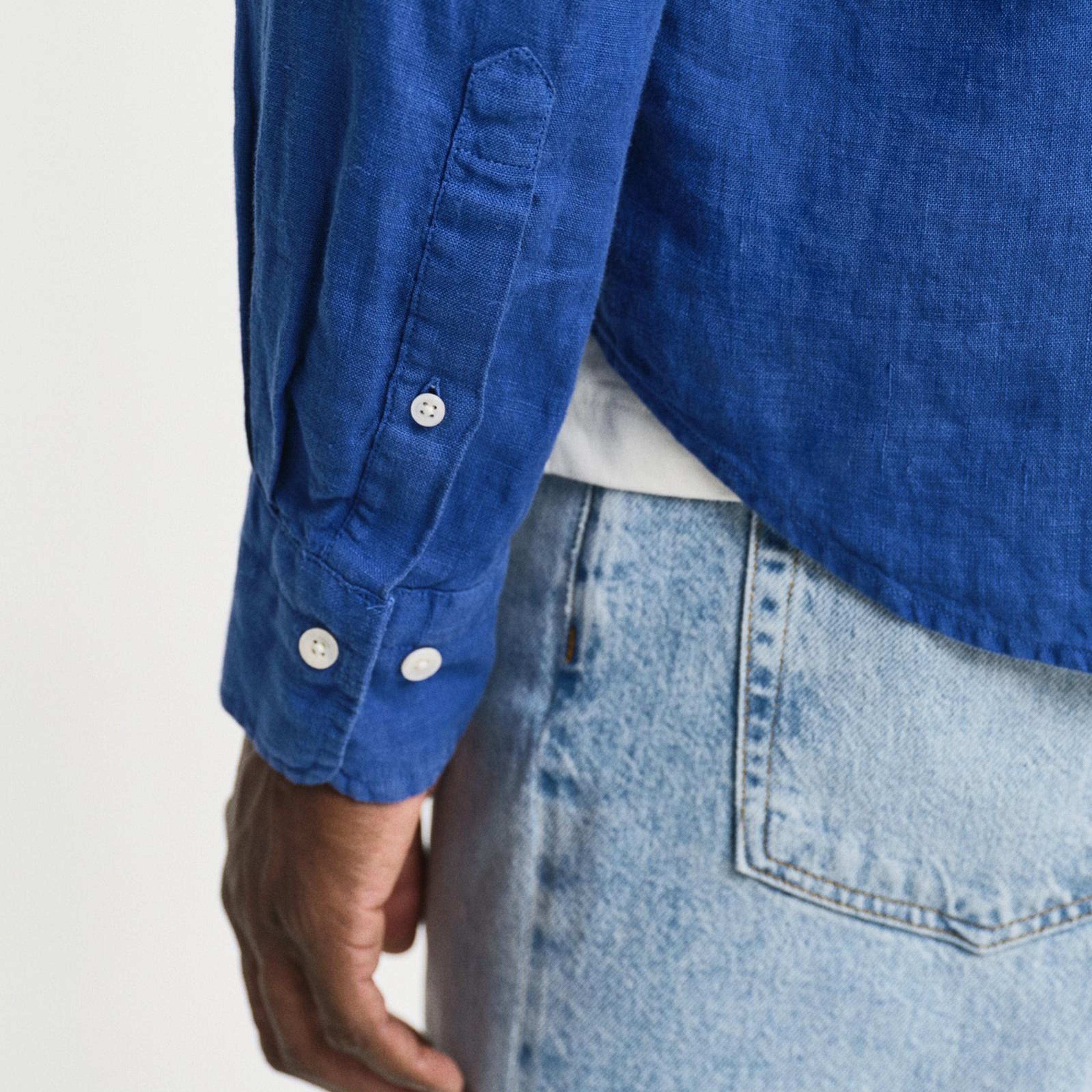 Gant Erkek Lacivert Regular Fit Düğmeli Yaka Keten Gömlek
