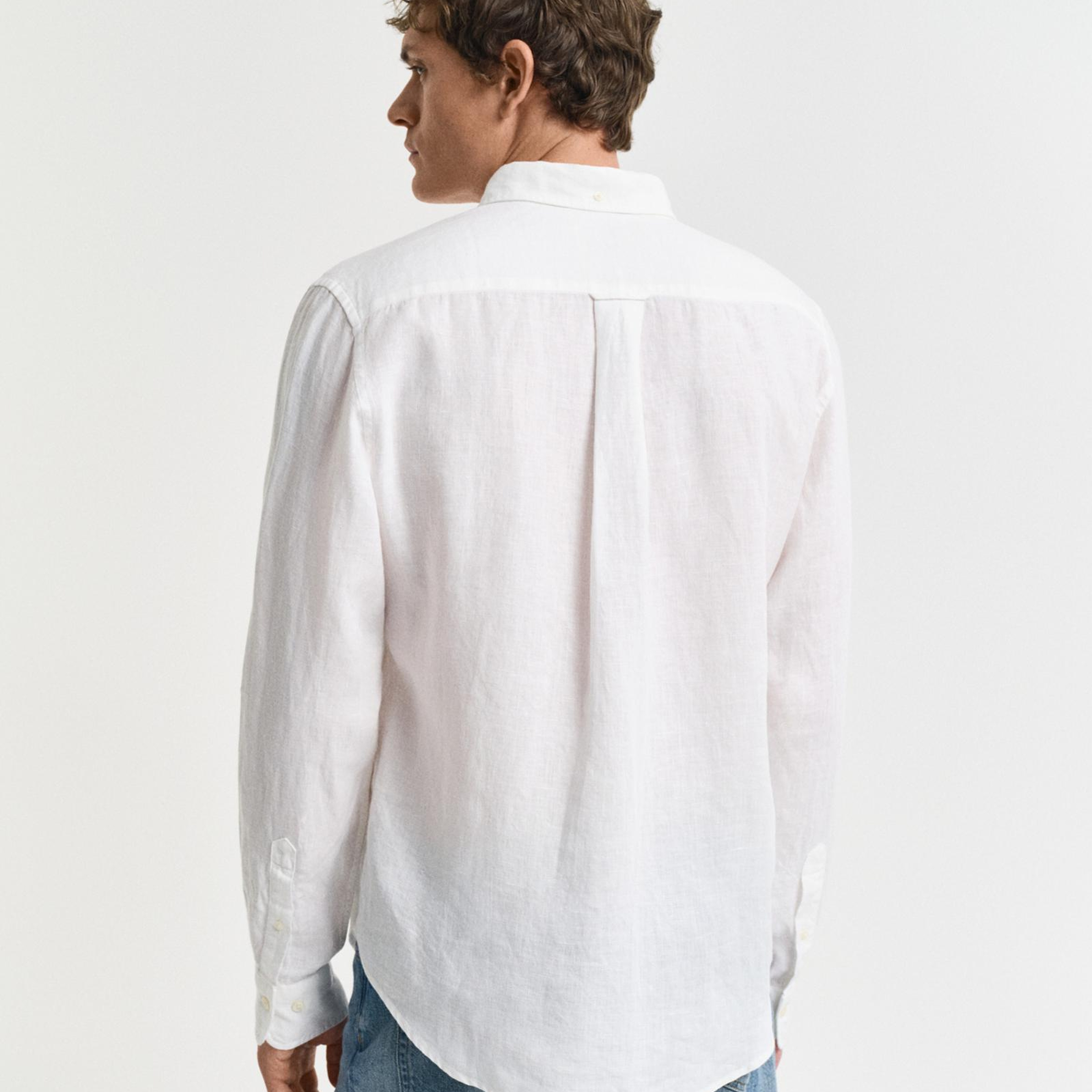 GANT Erkek Beyaz Regular Fit Düğmeli Yaka Keten Gömlek