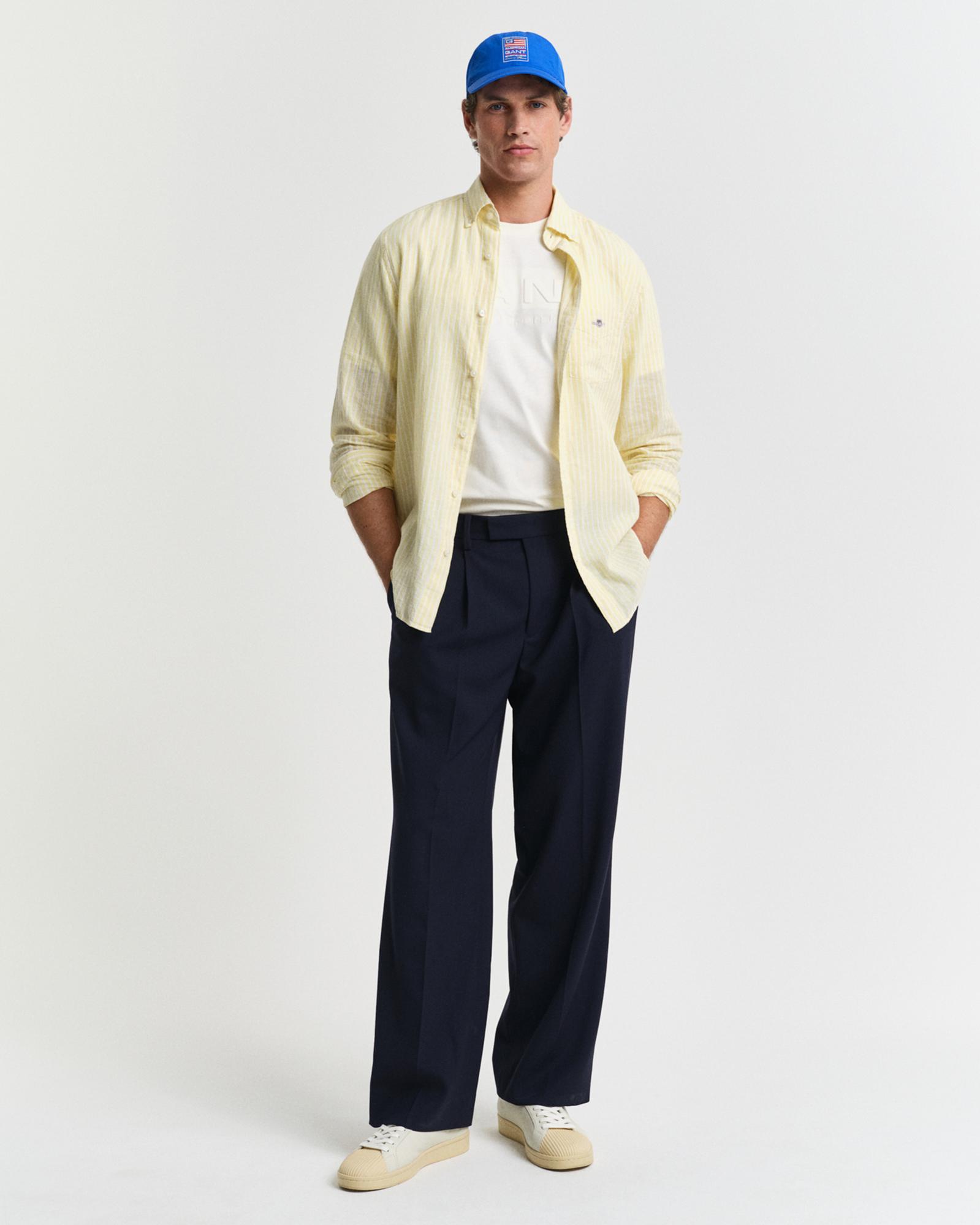 GANT Erkek Sarı Regular Fit Düğmeli Yaka Çizgili Keten Gömlek