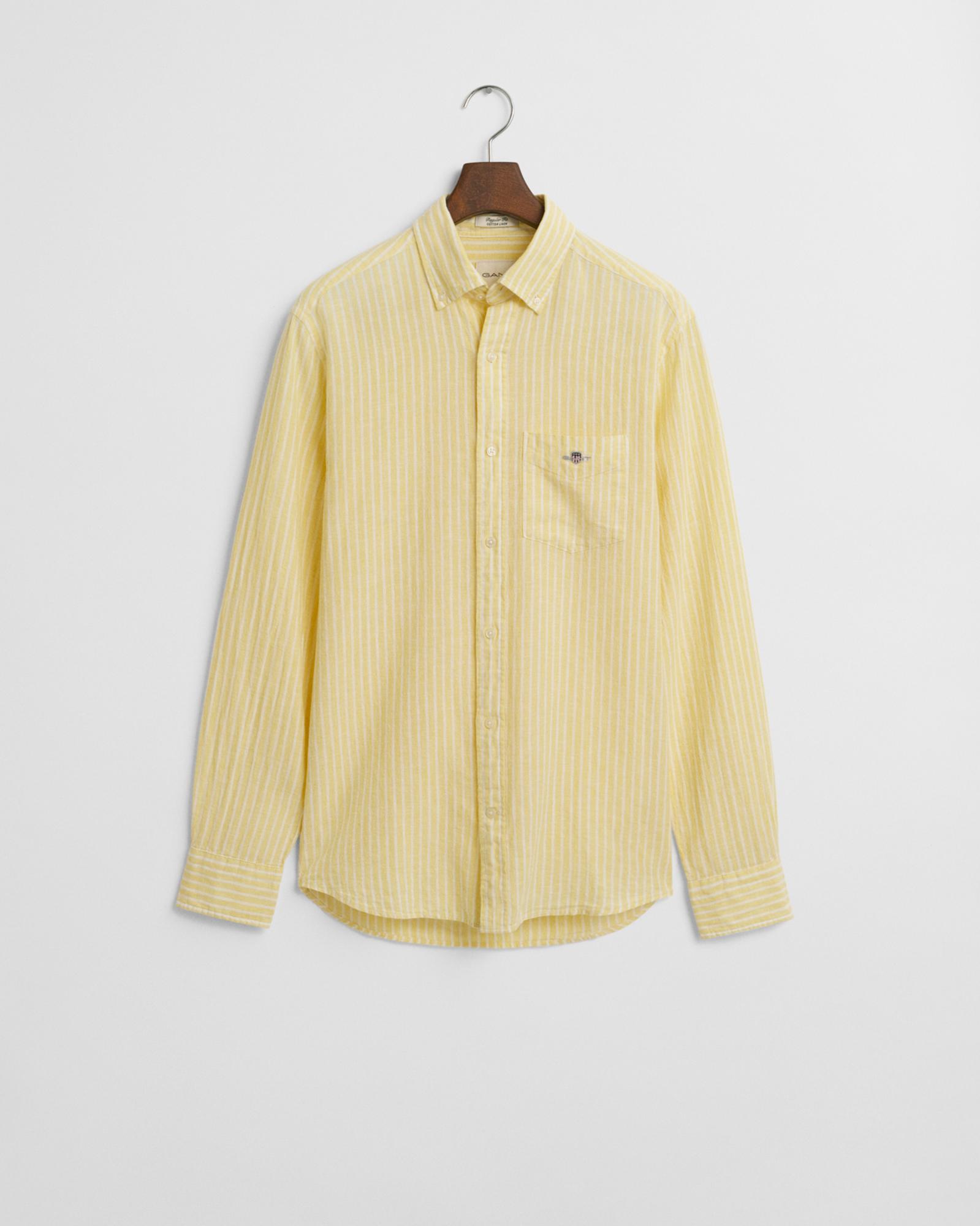 GANT Erkek Sarı Regular Fit Düğmeli Yaka Çizgili Keten Gömlek