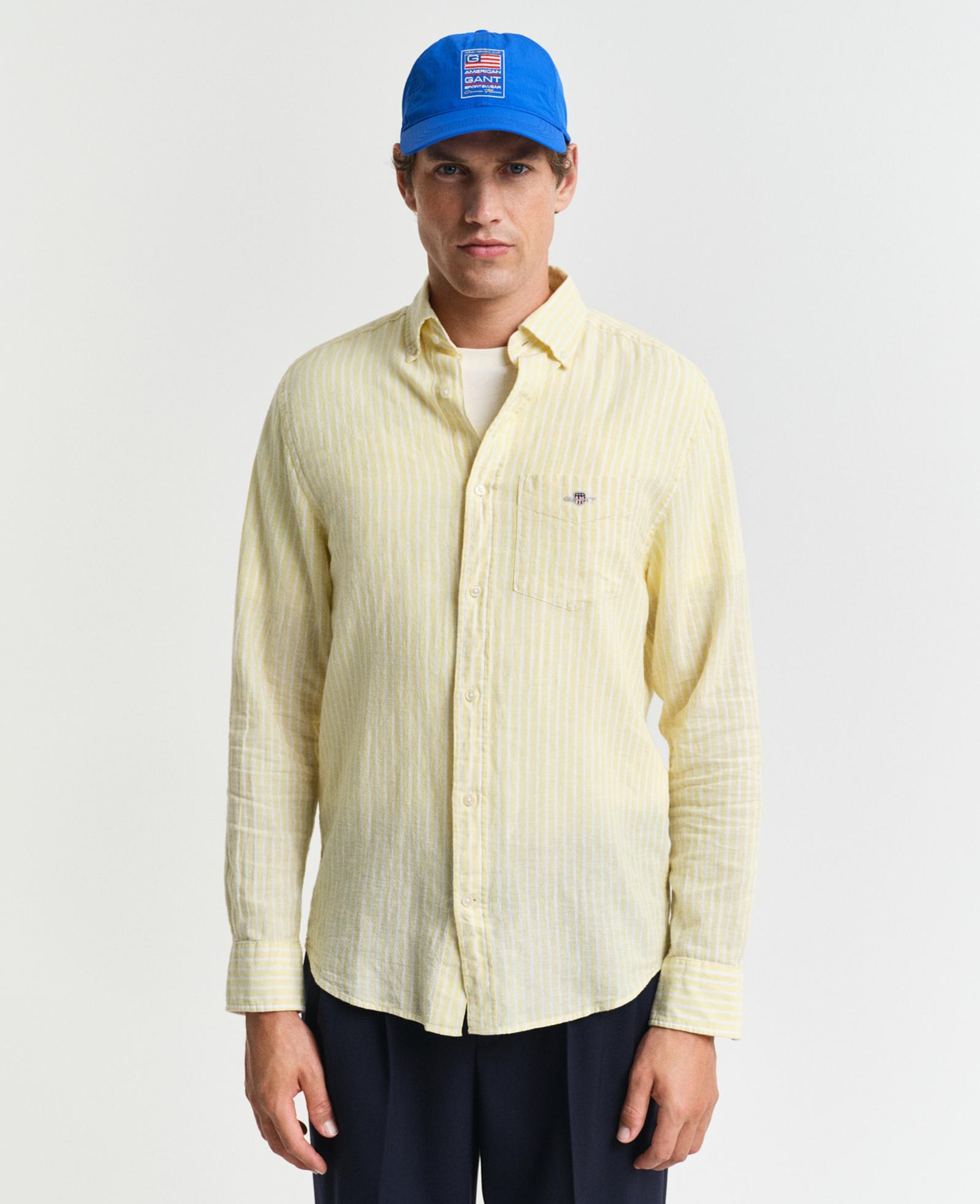 GANT Erkek Sarı Regular Fit Düğmeli Yaka Çizgili Keten Gömlek
