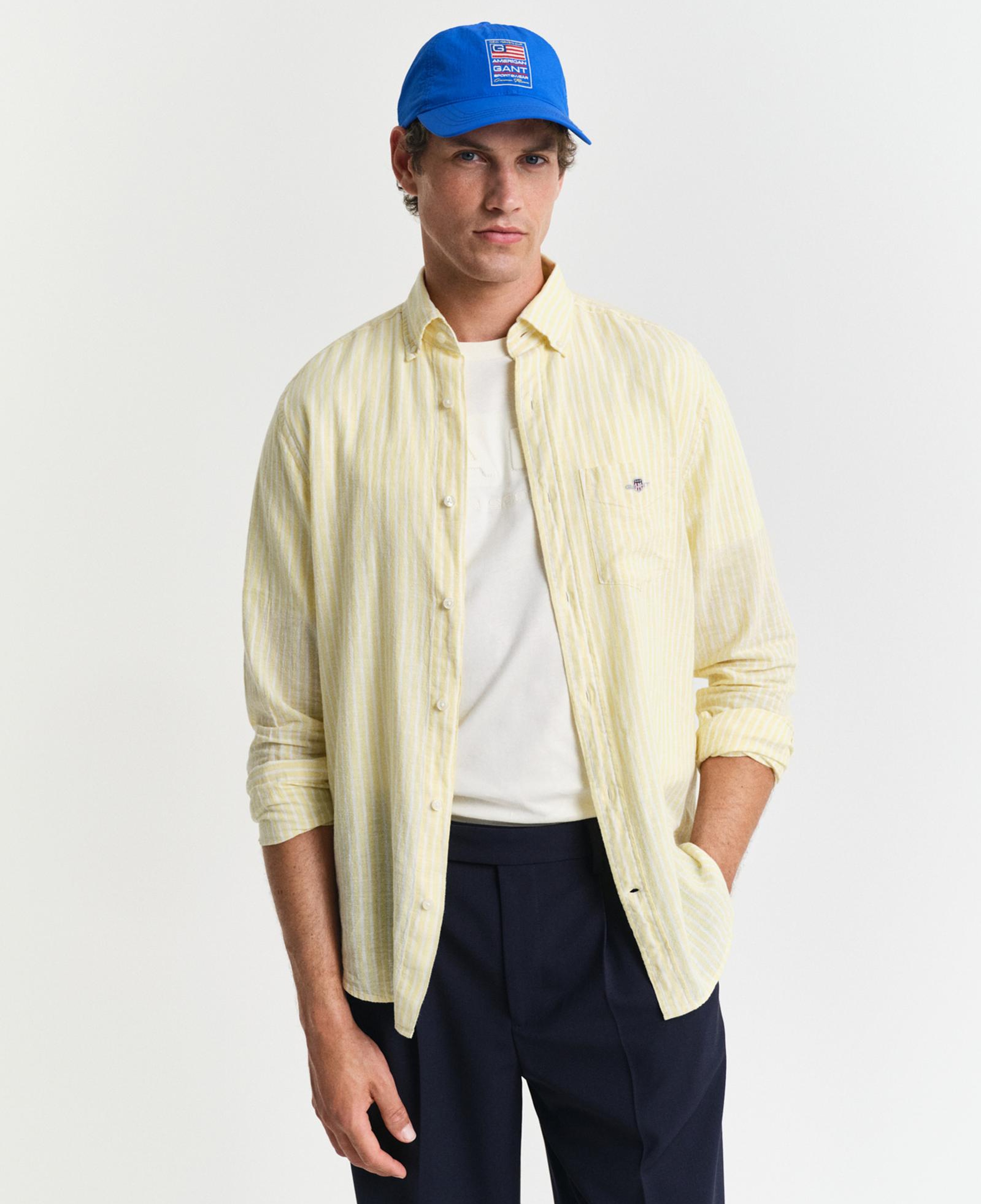 GANT Erkek Sarı Regular Fit Düğmeli Yaka Çizgili Keten Gömlek
