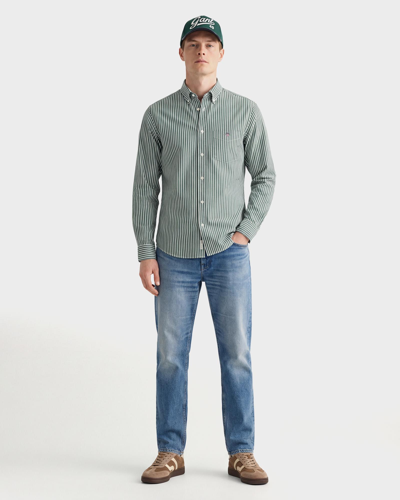 GANT Erkek Yeşil Regular Fit Düğmeli Yaka Çizgili Poplin Gömlek