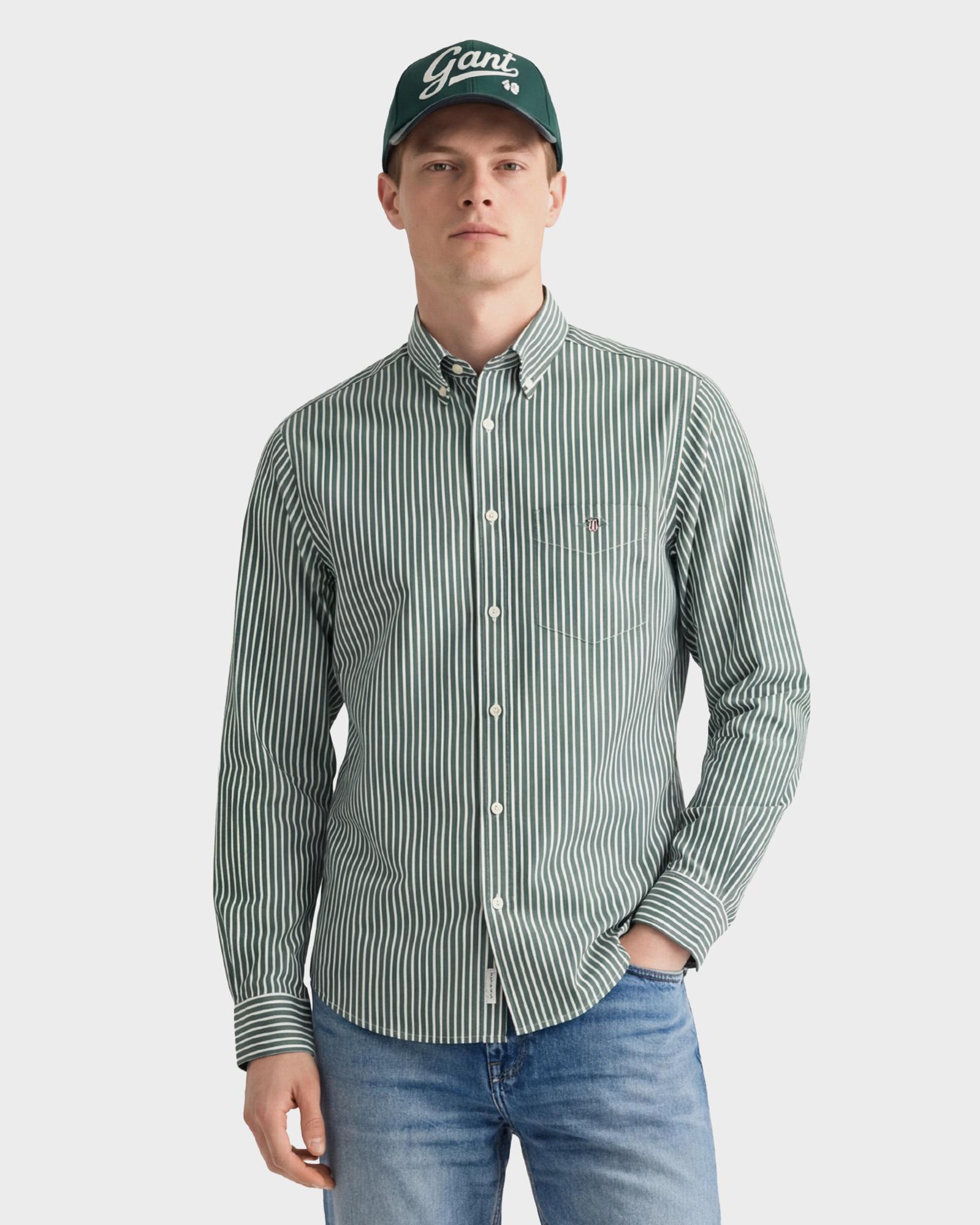 GANT Erkek Yeşil Regular Fit Düğmeli Yaka Çizgili Poplin Gömlek