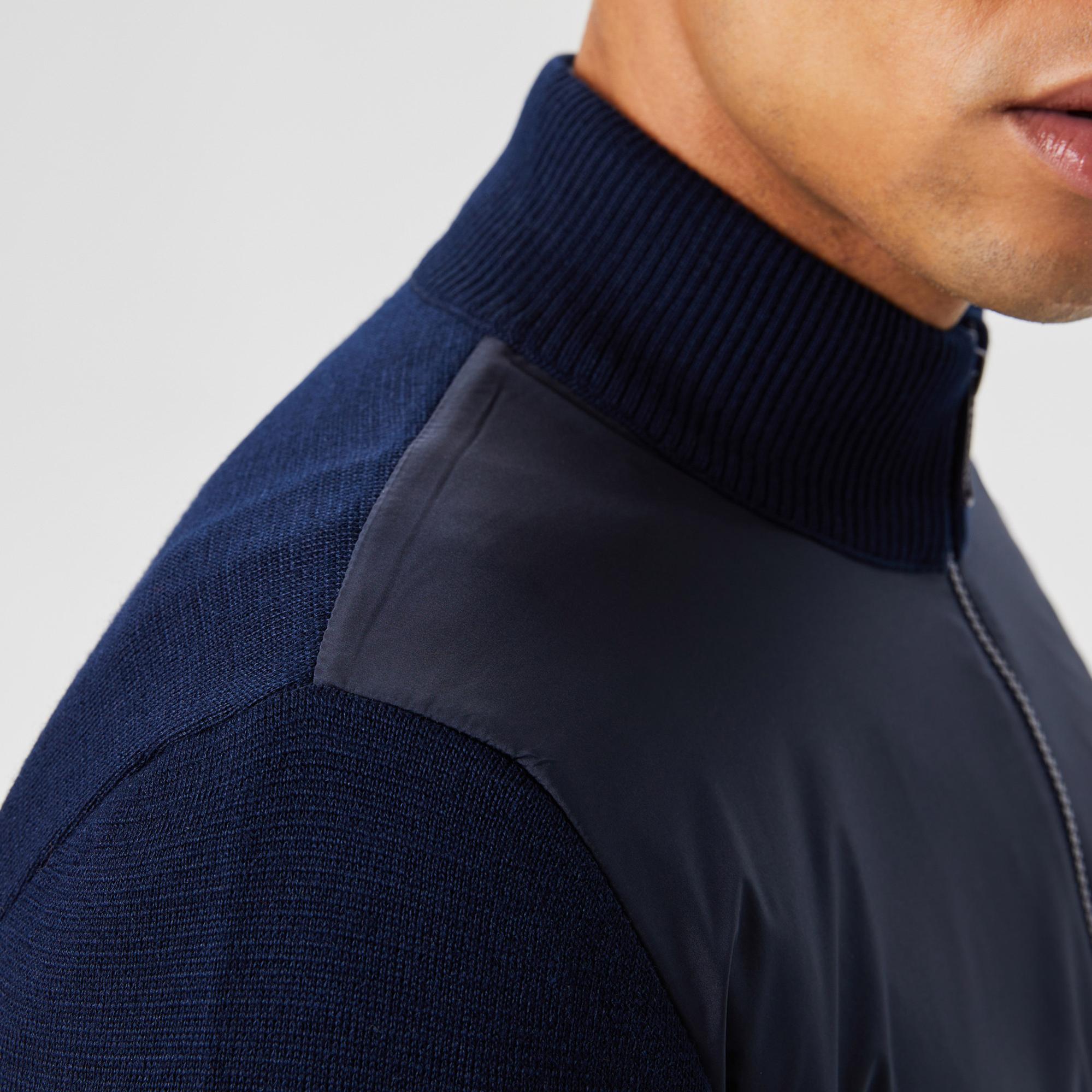 Lacoste Erkek Dik Yaka Renk Bloklu Fermuarlı Lacivert Kazak