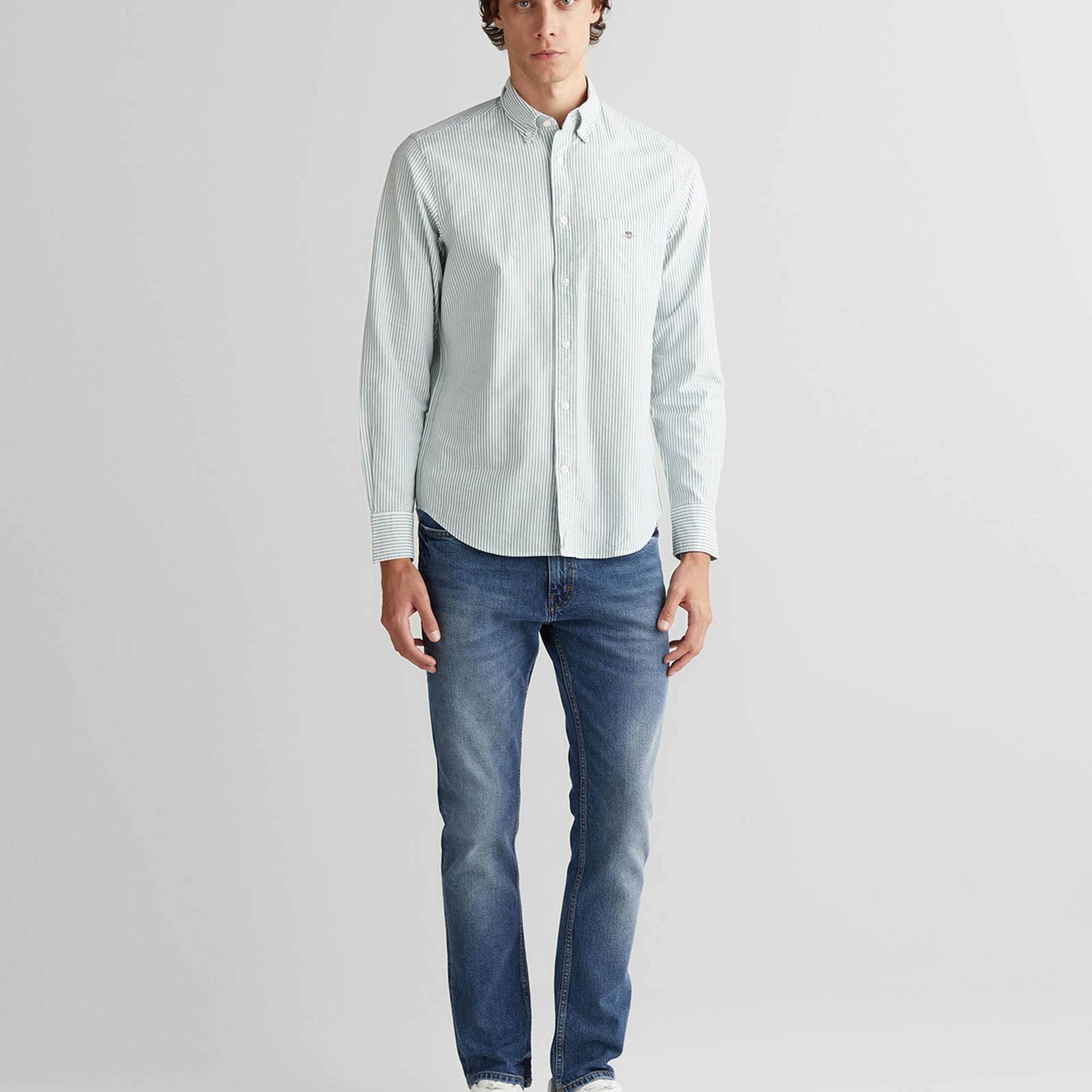 GANT Erkek Yeşil Regular Fit Düğmeli Yaka Çizgili Oxford Gömlek