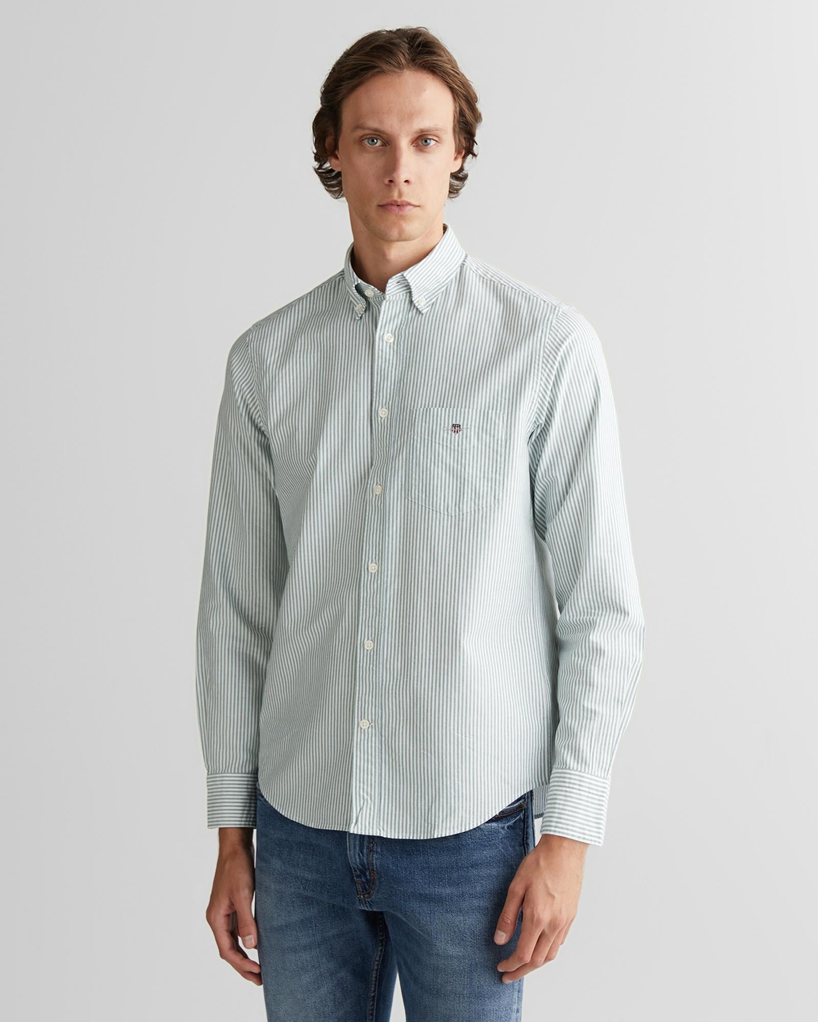 GANT Erkek Yeşil Regular Fit Düğmeli Yaka Çizgili Oxford Gömlek