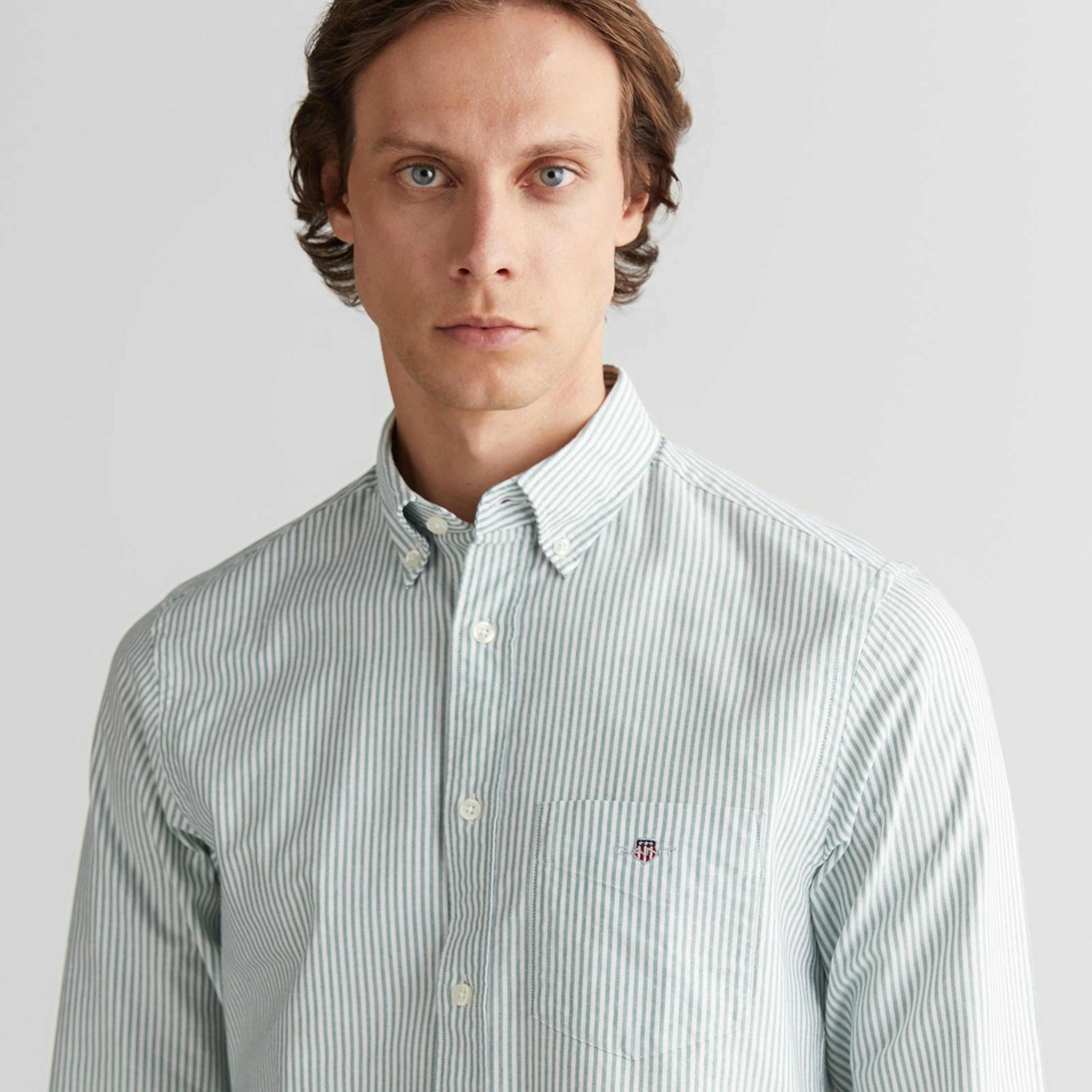 GANT Erkek Yeşil Regular Fit Düğmeli Yaka Çizgili Oxford Gömlek