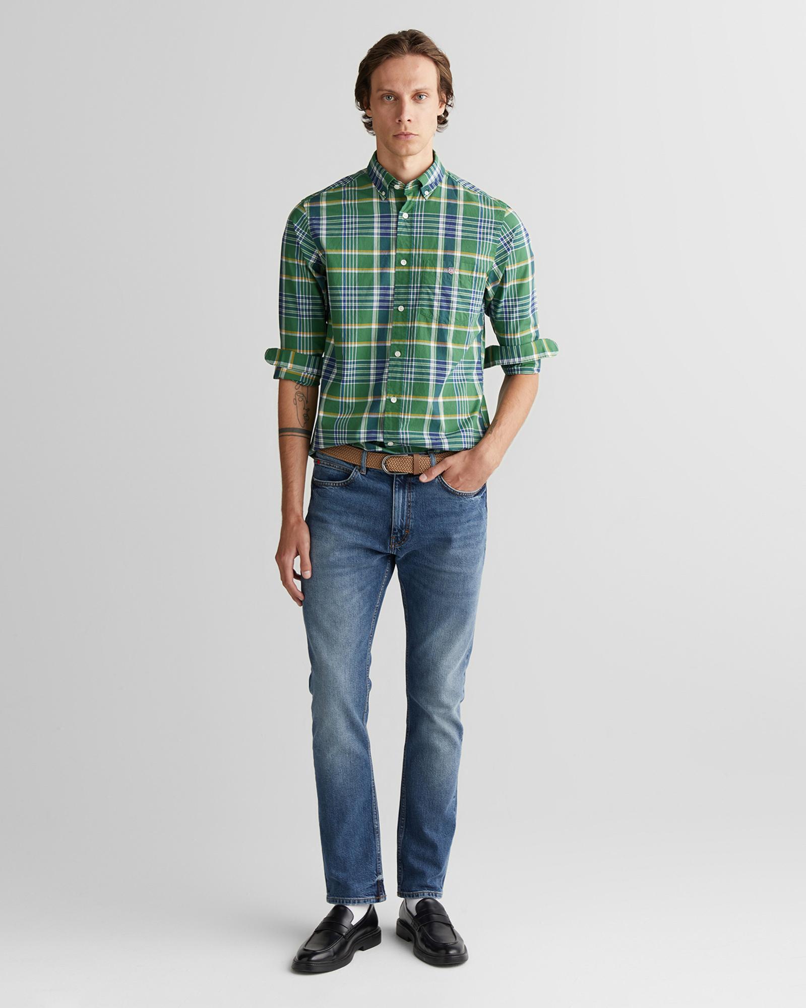 GANT Erkek Yeşil Regular Fit Düğmeli Yaka Çizgili Gömlek