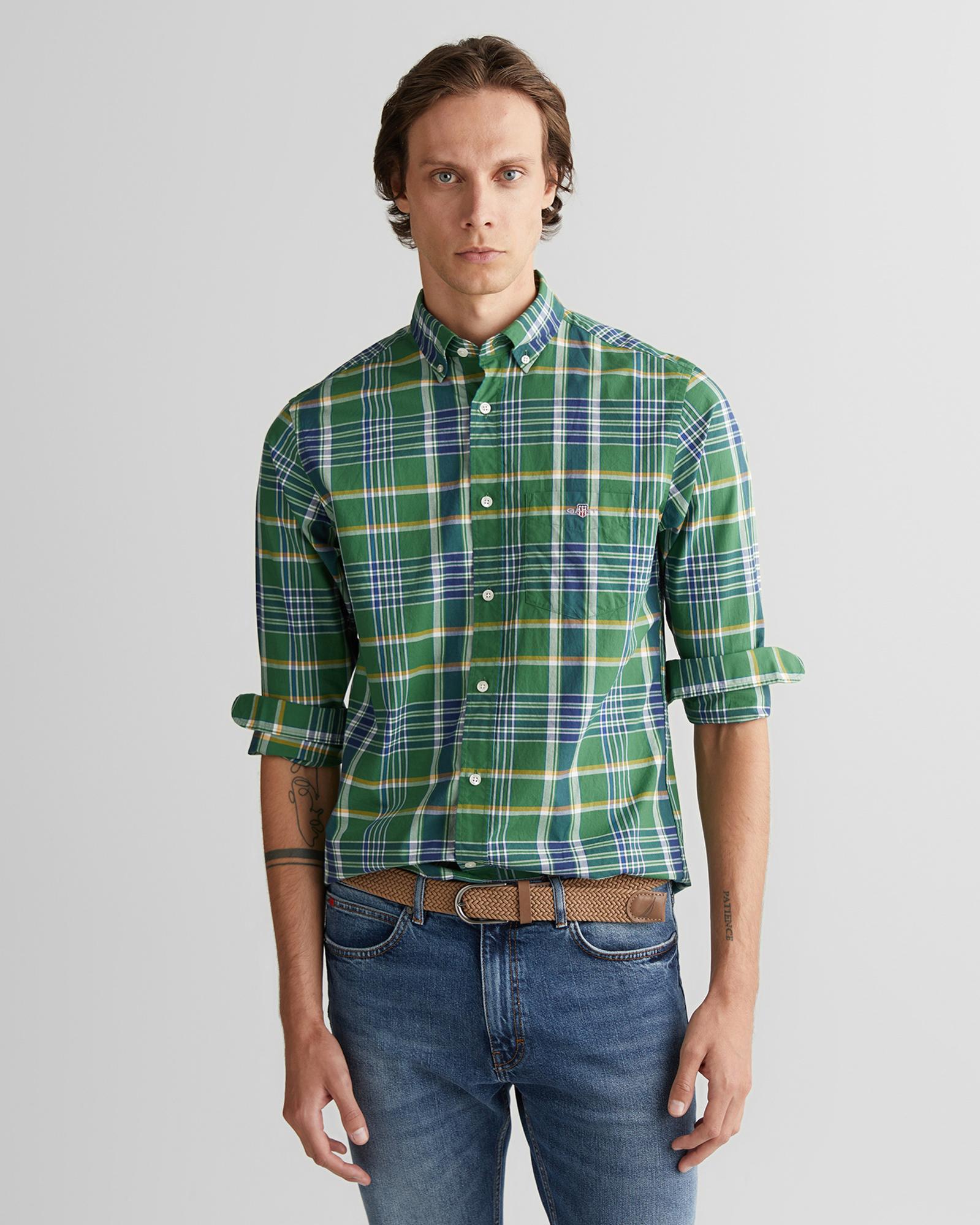 GANT Erkek Yeşil Regular Fit Düğmeli Yaka Çizgili Gömlek