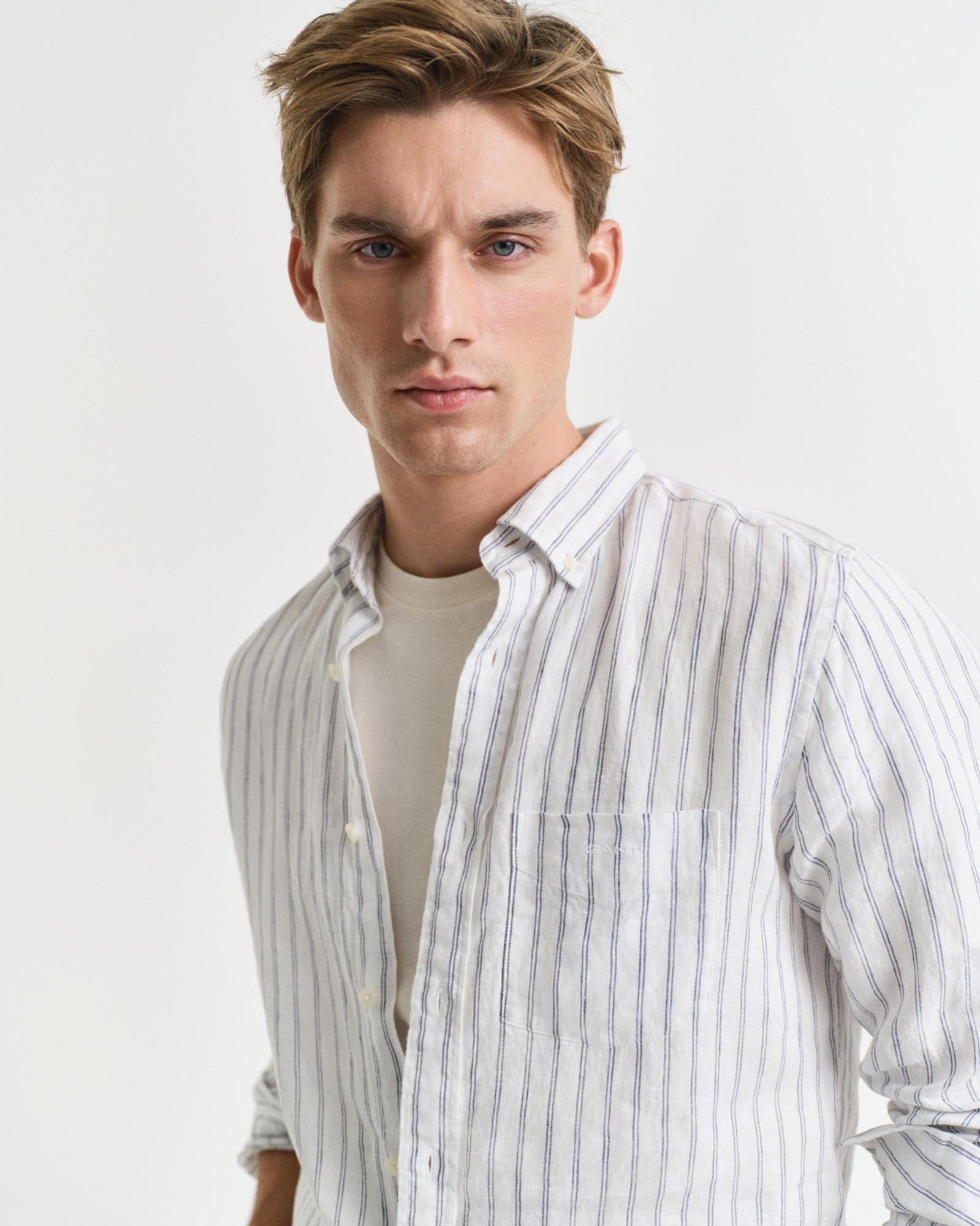 GANT Erkek Beyaz Regular Fit Düğmeli Yaka Çizgili Gömlek