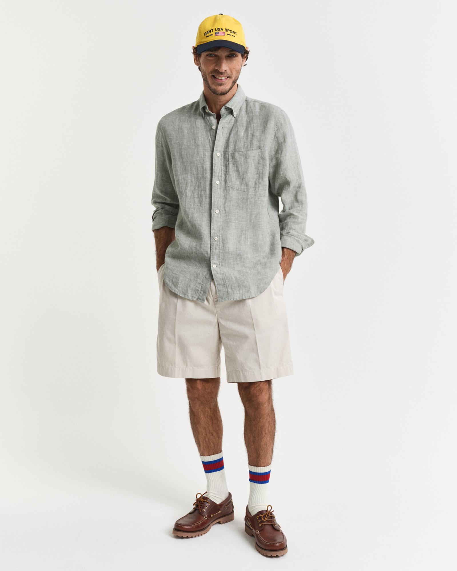 GANT Erkek Yeşil Regular Fit Düğmeli Yaka Keten Gömlek