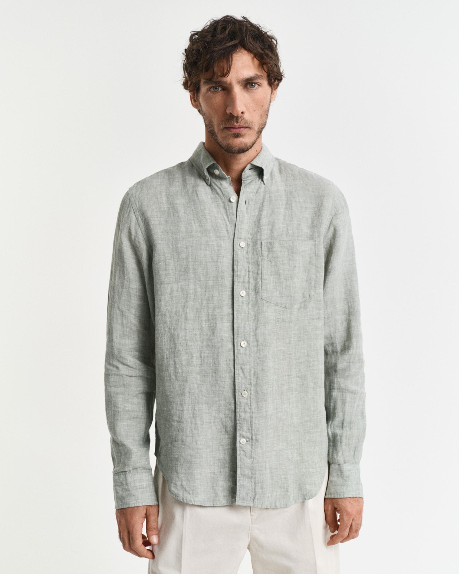 GANT Erkek Yeşil Regular Fit Düğmeli Yaka Keten Gömlek