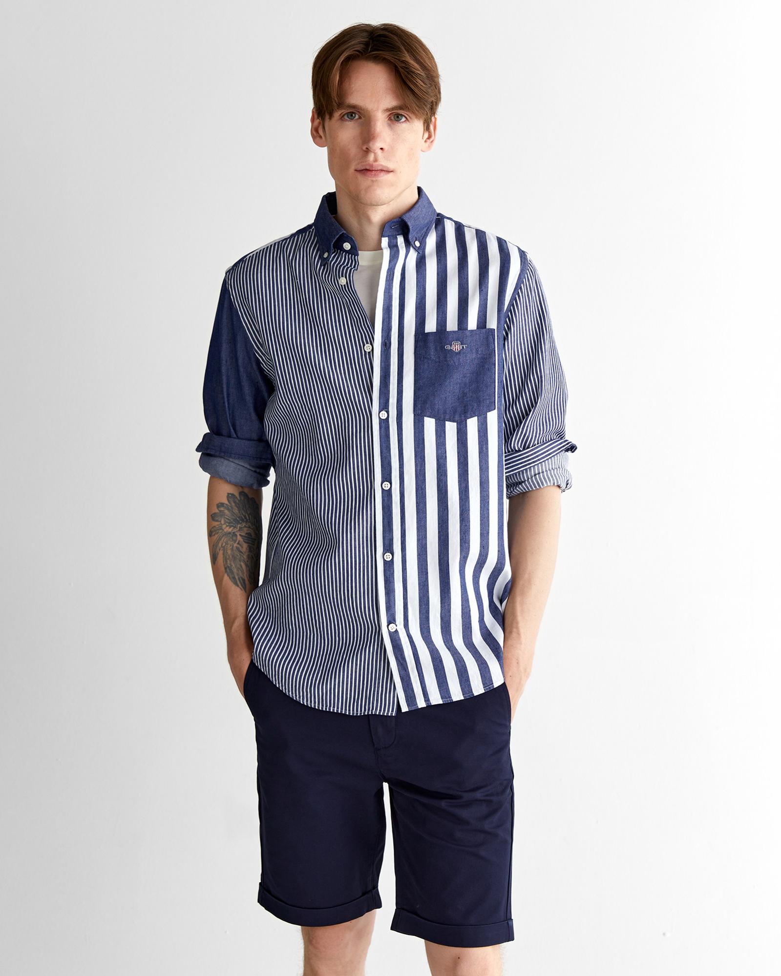 GANT Erkek Mavi Regular Fit Düğmeli Yaka Çizgili Gömlek