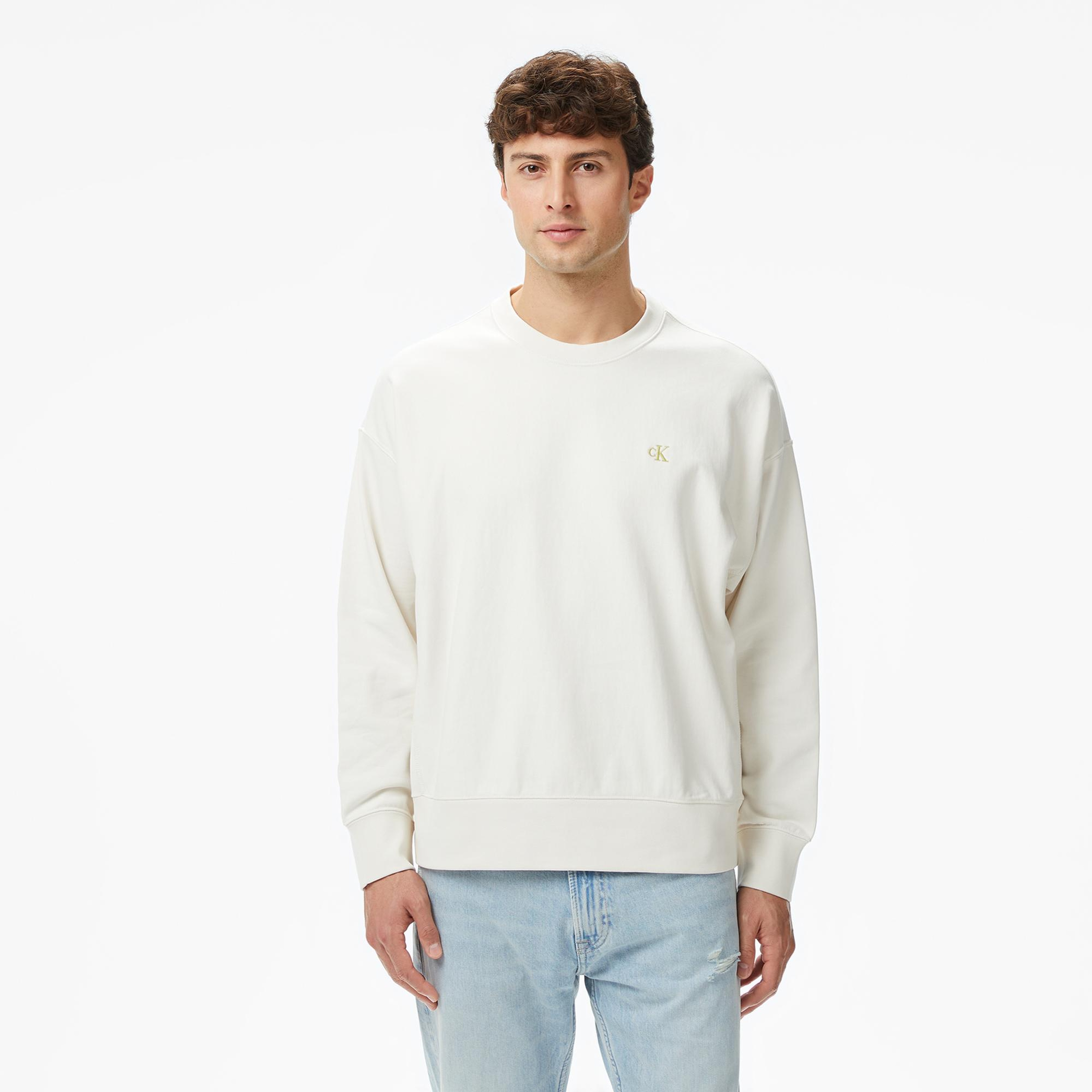 Calvin Klein Premium Terry Monogram Erkek Beyaz Sweatshirt