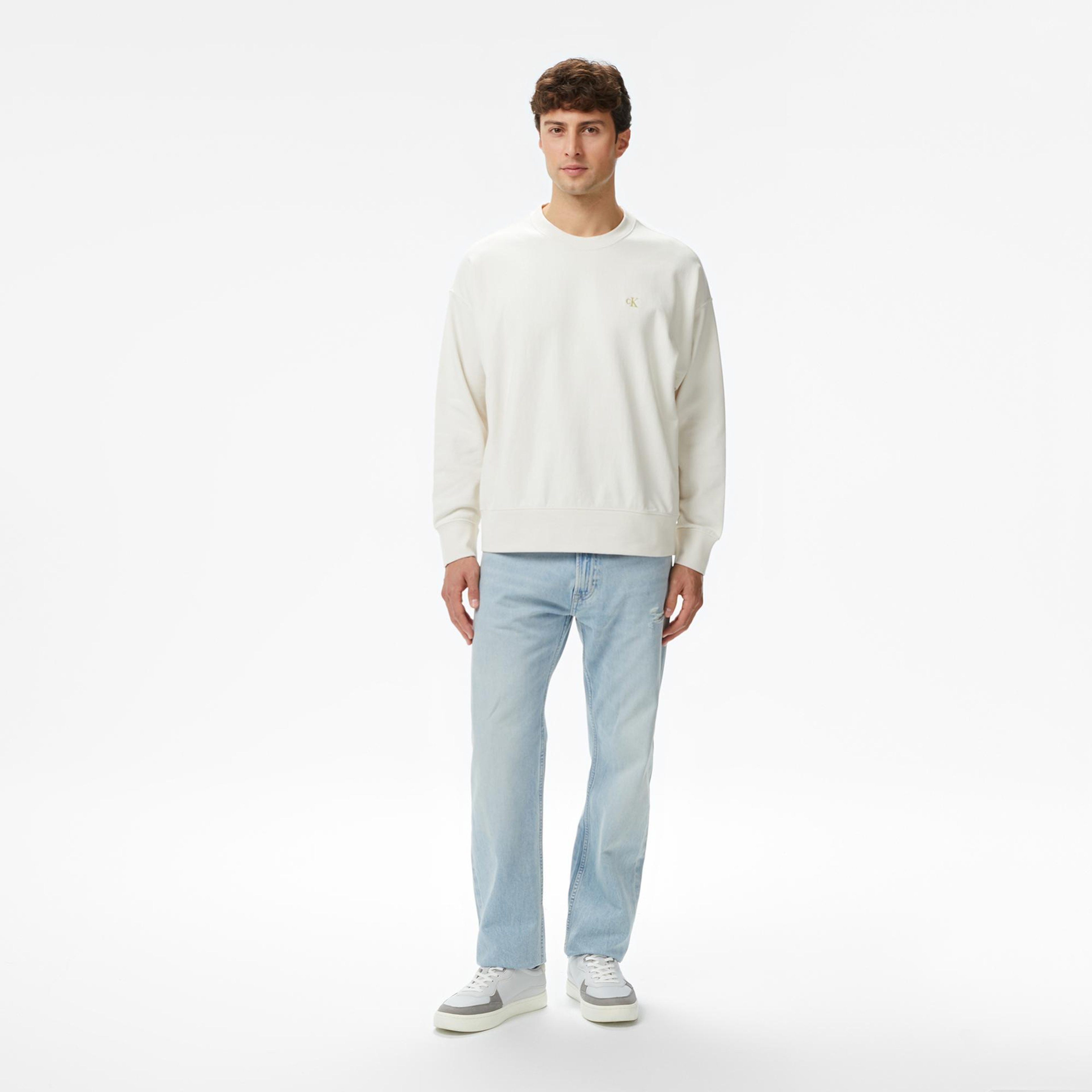 Calvin Klein Premium Terry Monogram Erkek Beyaz Sweatshirt