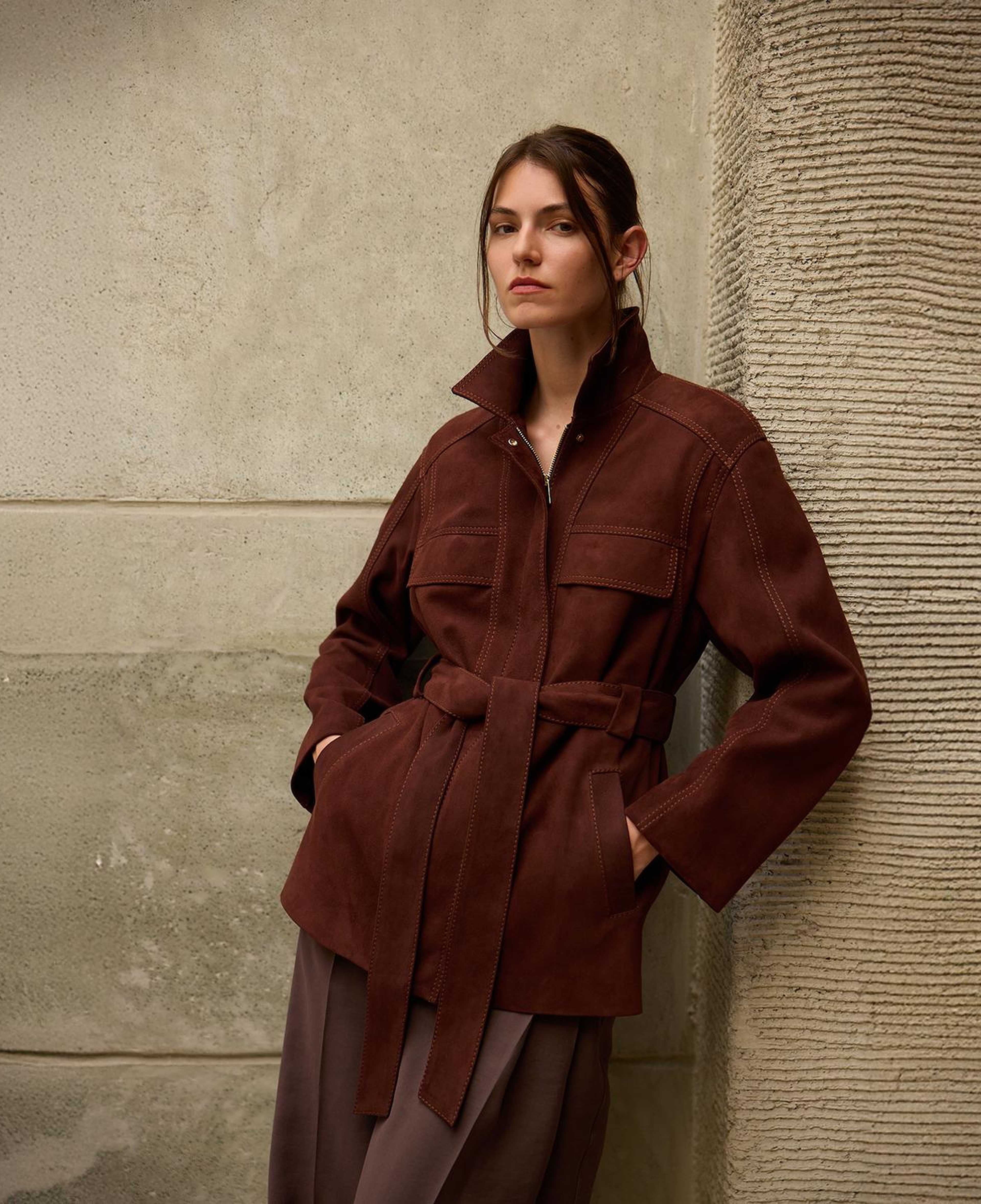 Kadın Bordo Fermuarlı Süet Trençkot