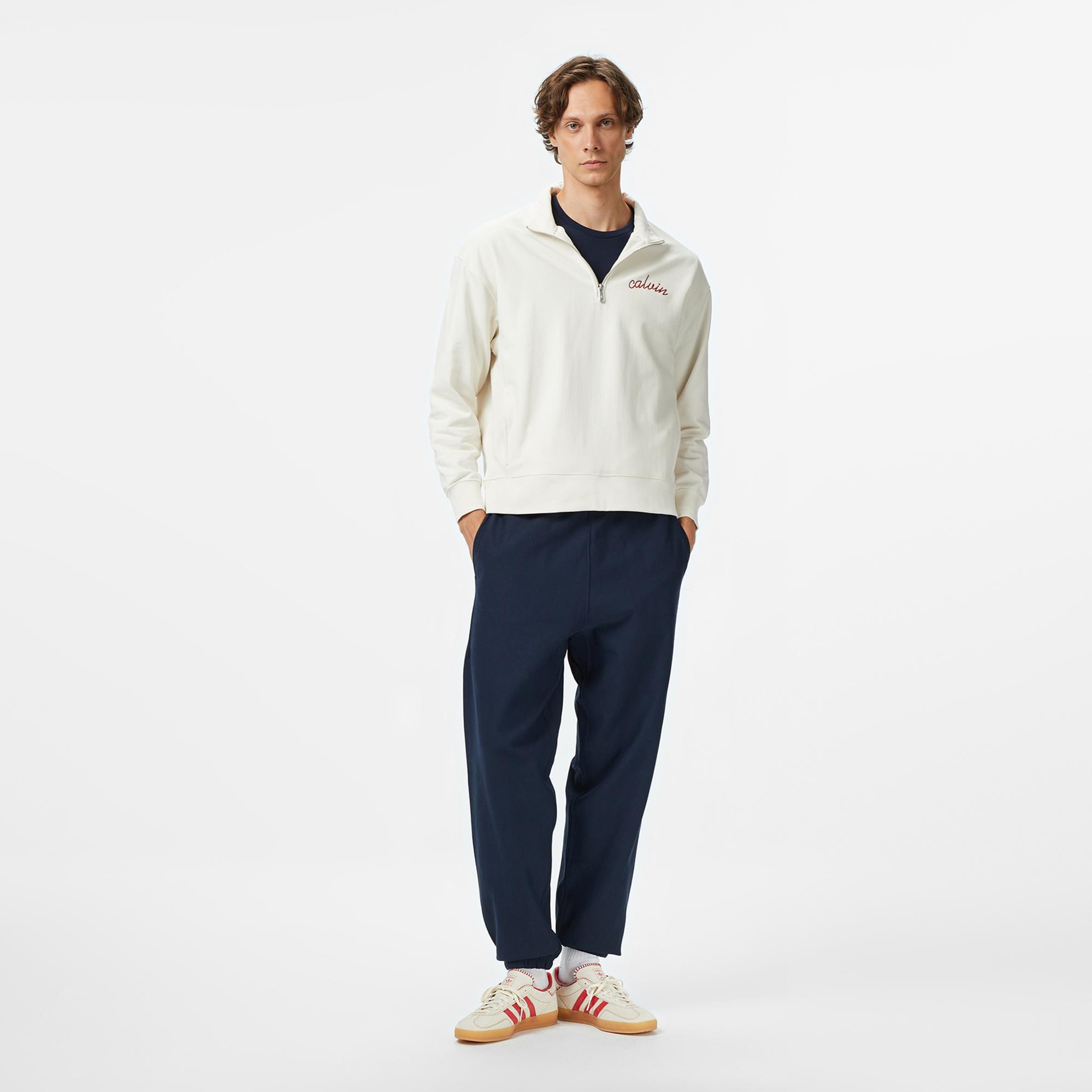 Calvin Klein Premium Terry Chain Stitch Erkek Beyaz Sweatshirt