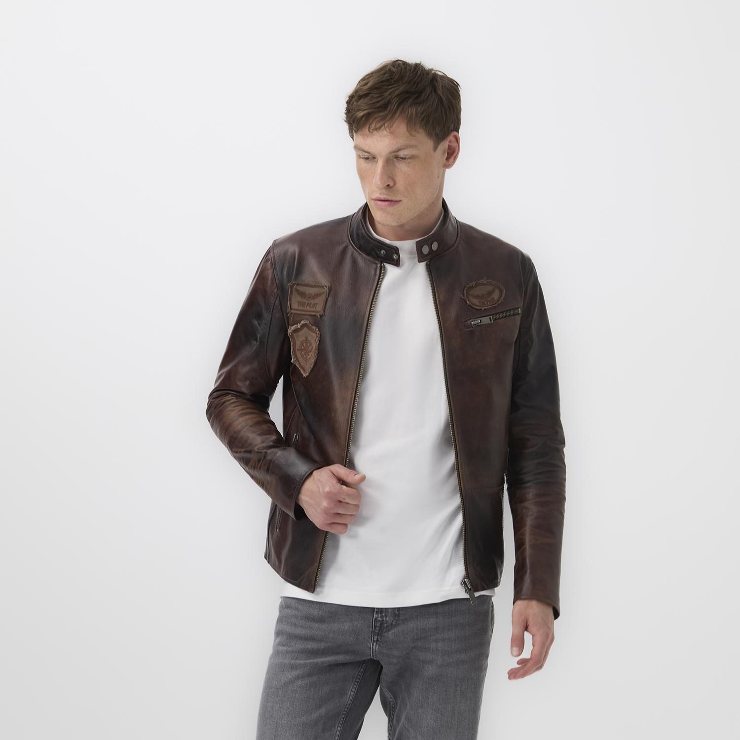 Kahve Erkek Vintage Deri Biker Ceket