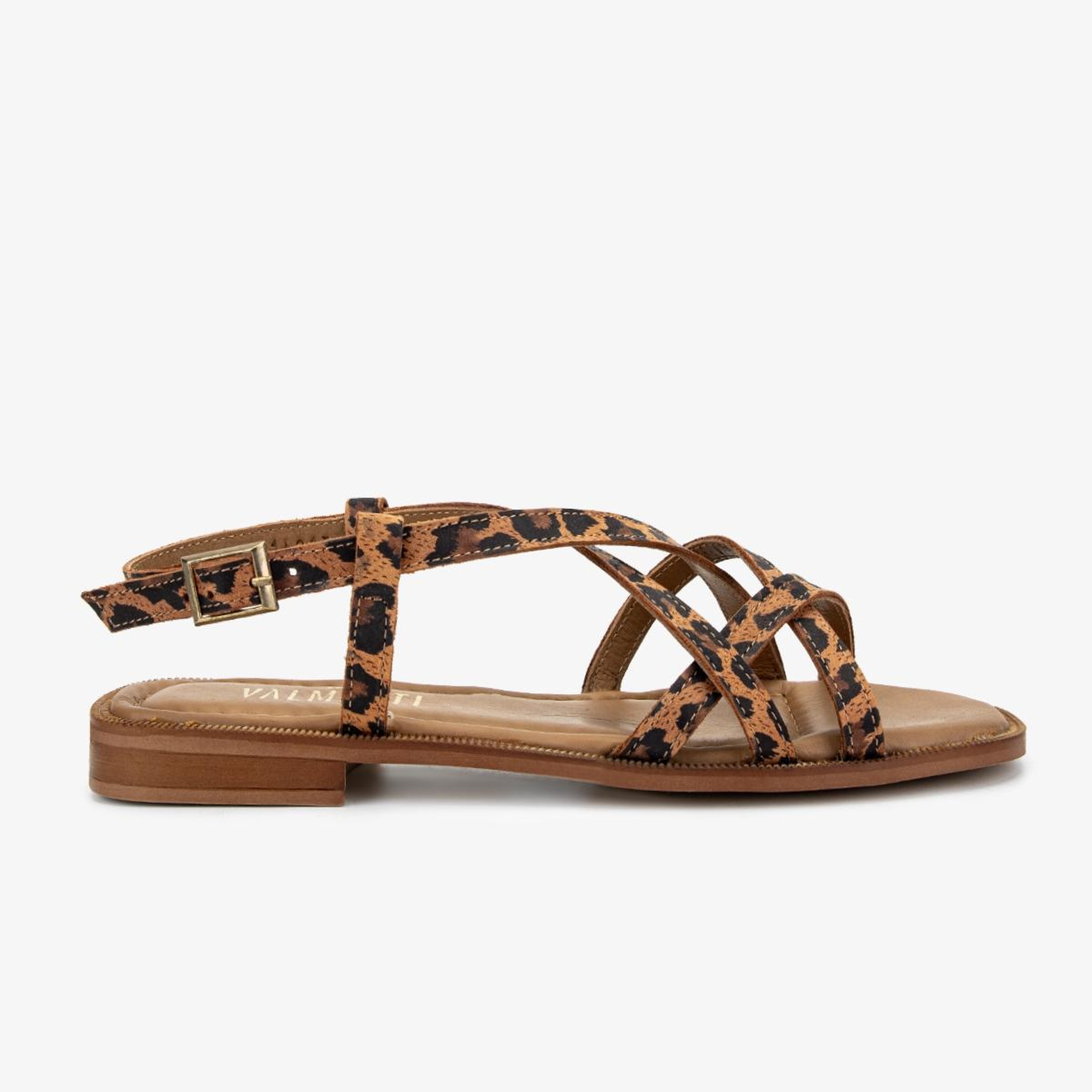 Valmenti Kadın Hakiki Deri Taba Leopar Düz Sandalet