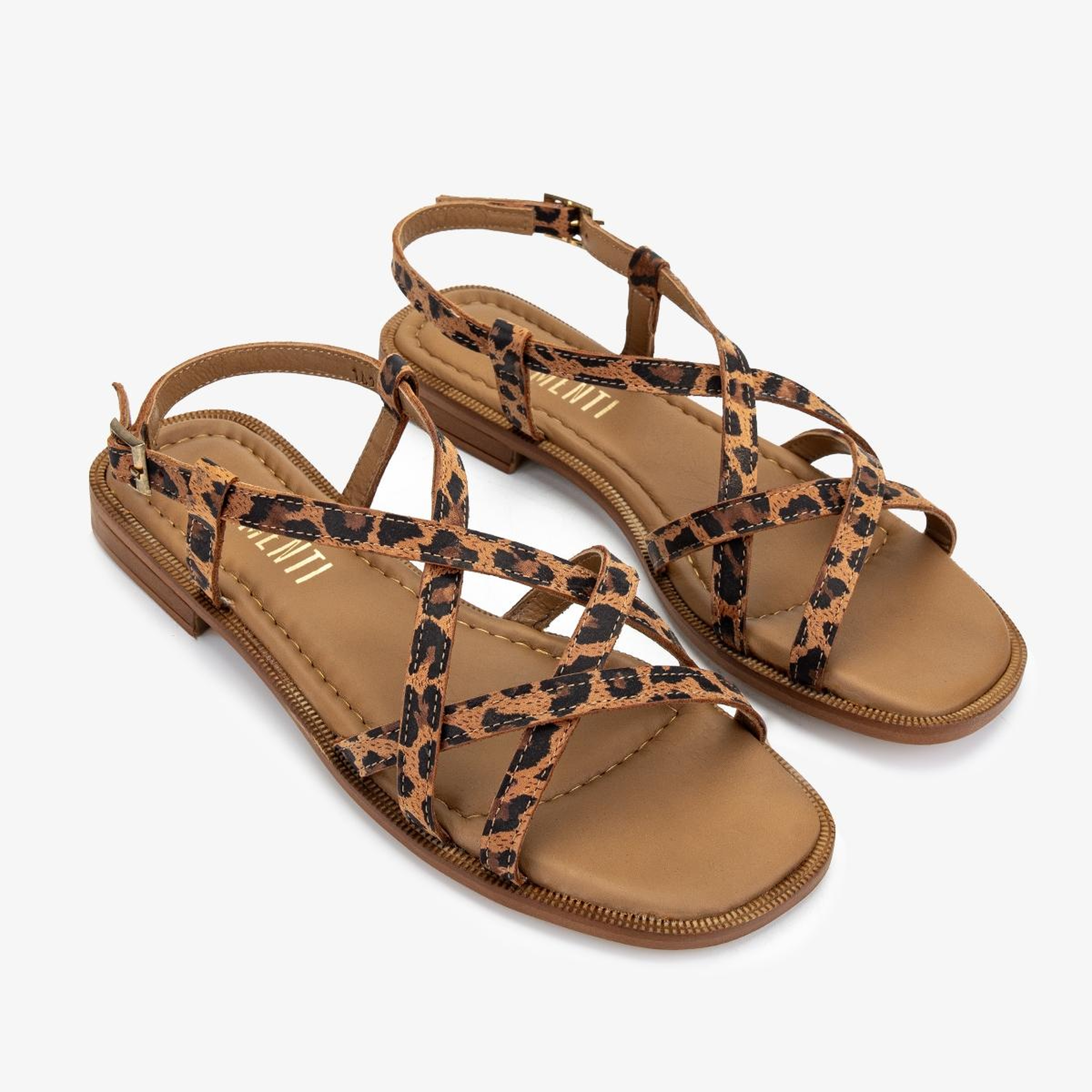 Valmenti Kadın Hakiki Deri Taba Leopar Düz Sandalet