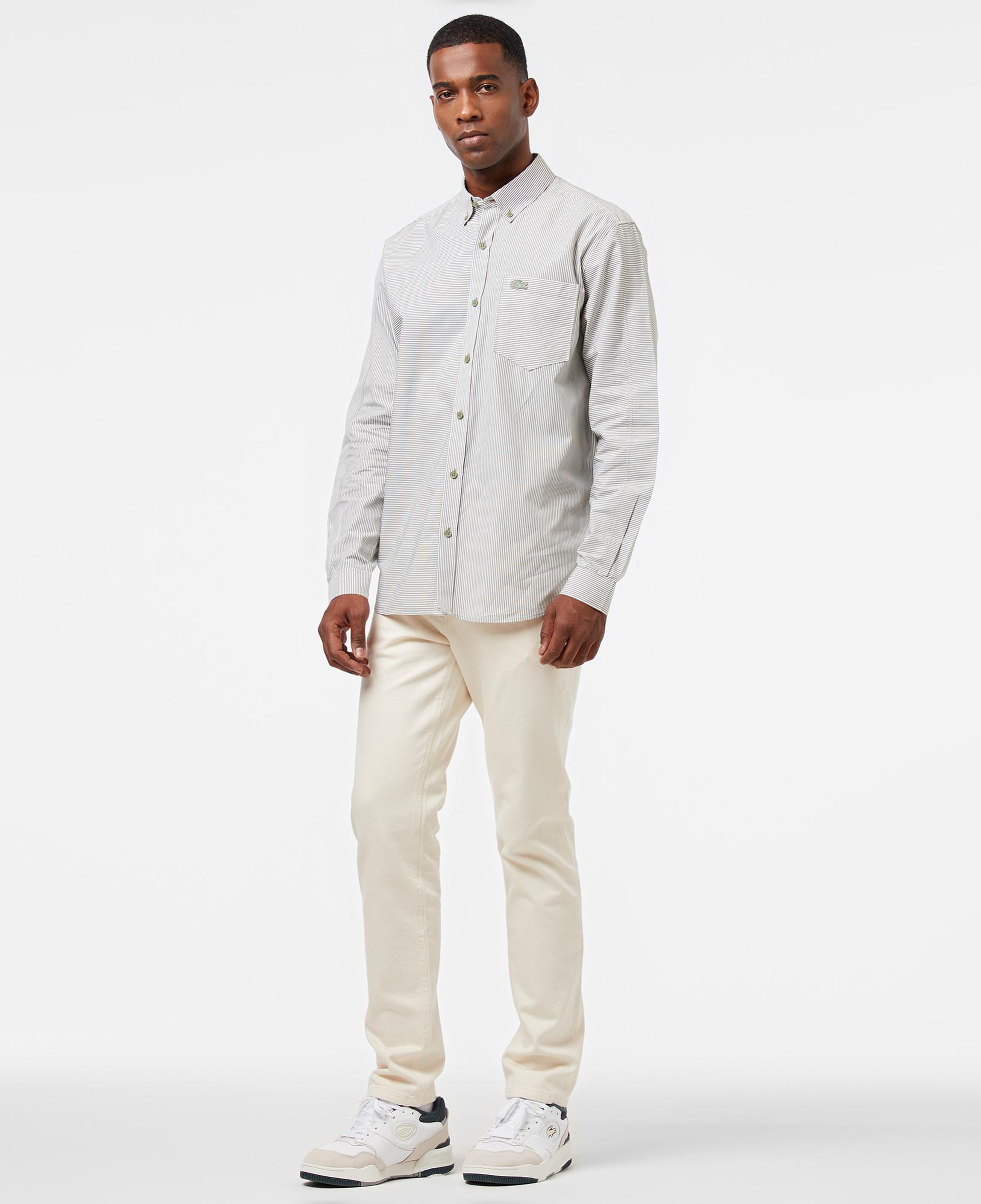 Erkek Relaxed Fit Düğmeli Yaka Çizgili Haki Gömlek