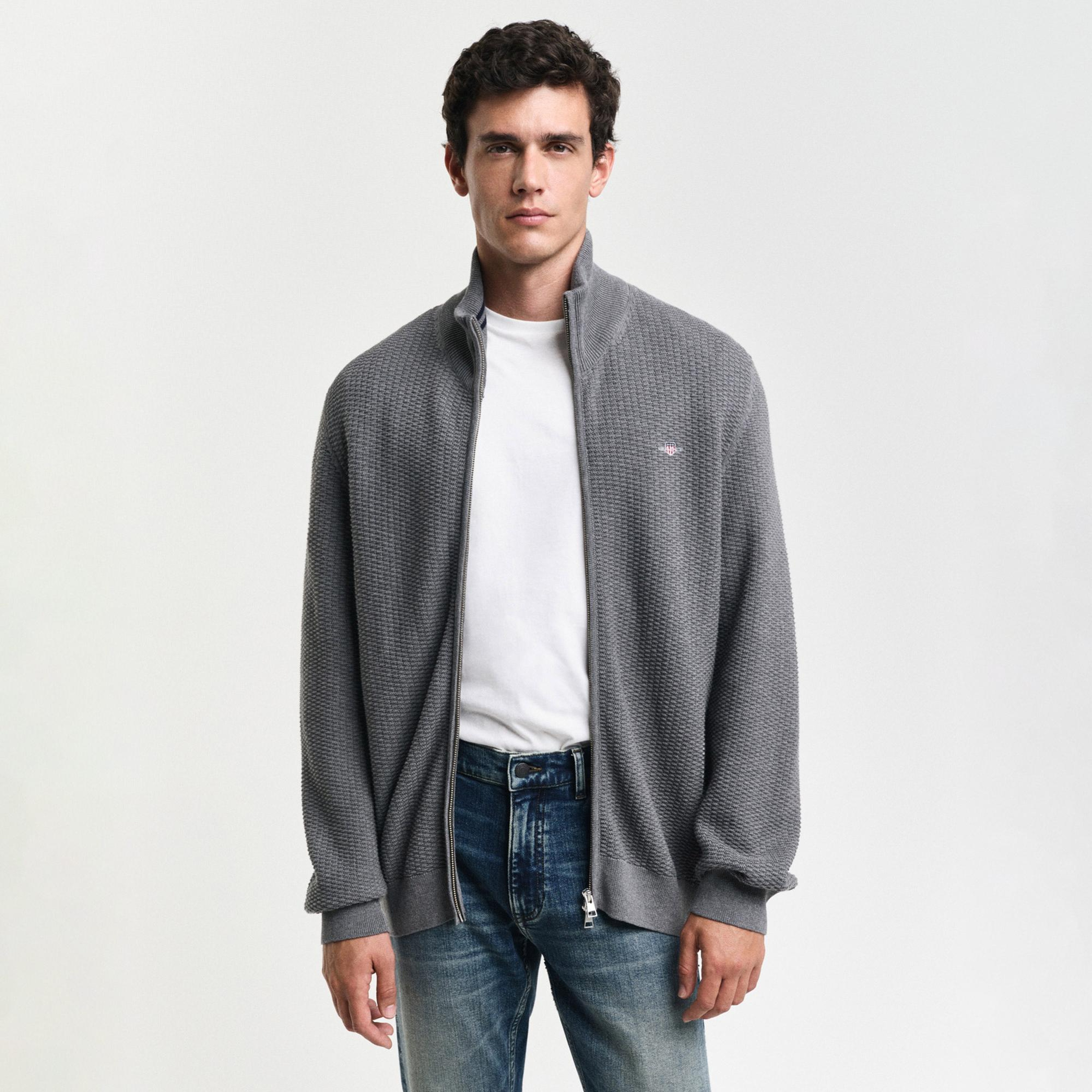 GANT Erkek Gri Regular Fit Fermuarlı Hırka