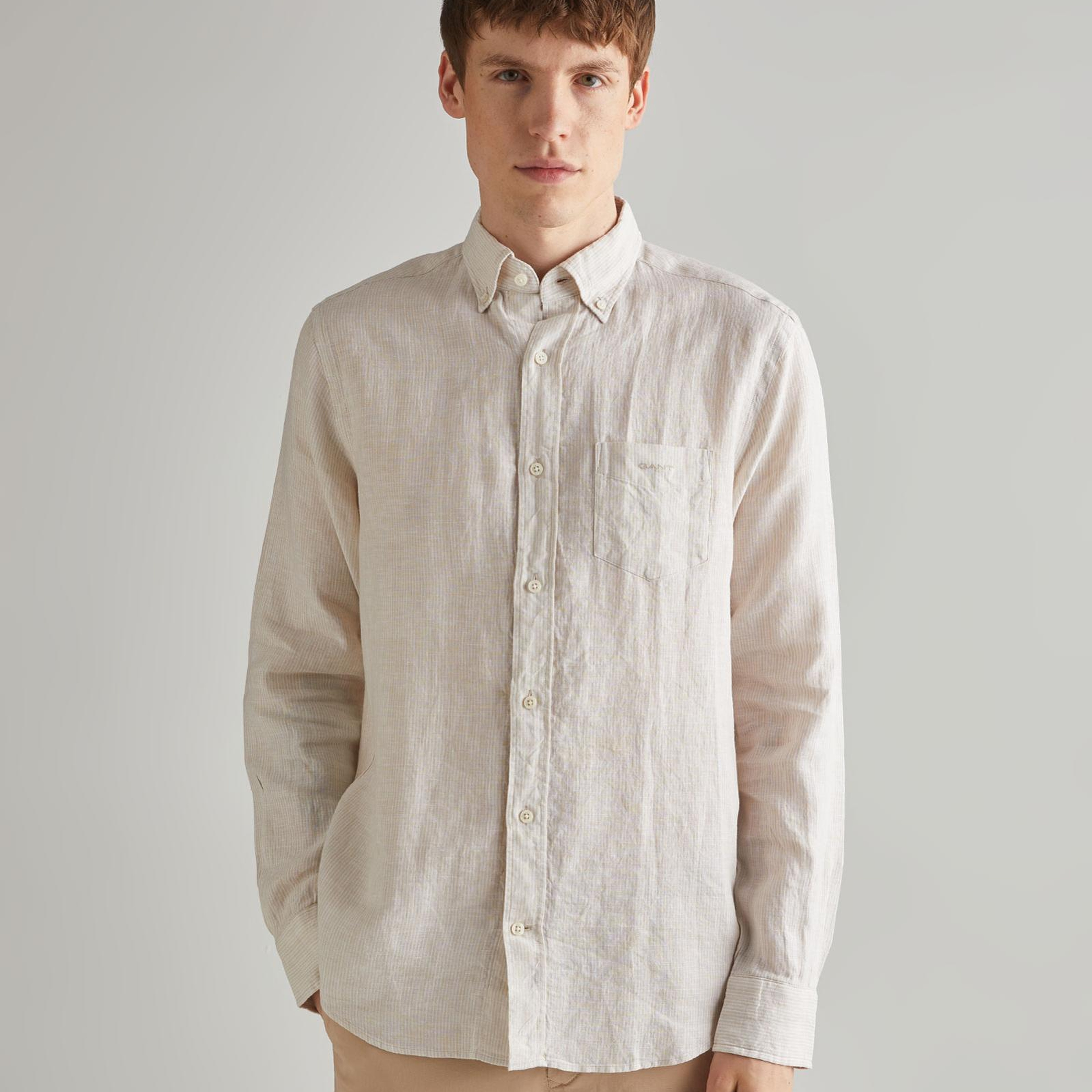 GANT Erkek Bej Regular Fit Çizgili Keten Gömlek