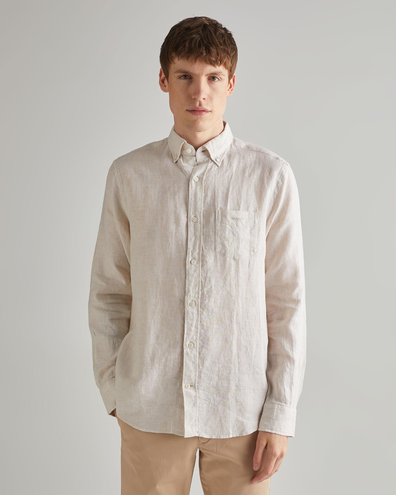 GANT Erkek Bej Regular Fit Çizgili Keten Gömlek