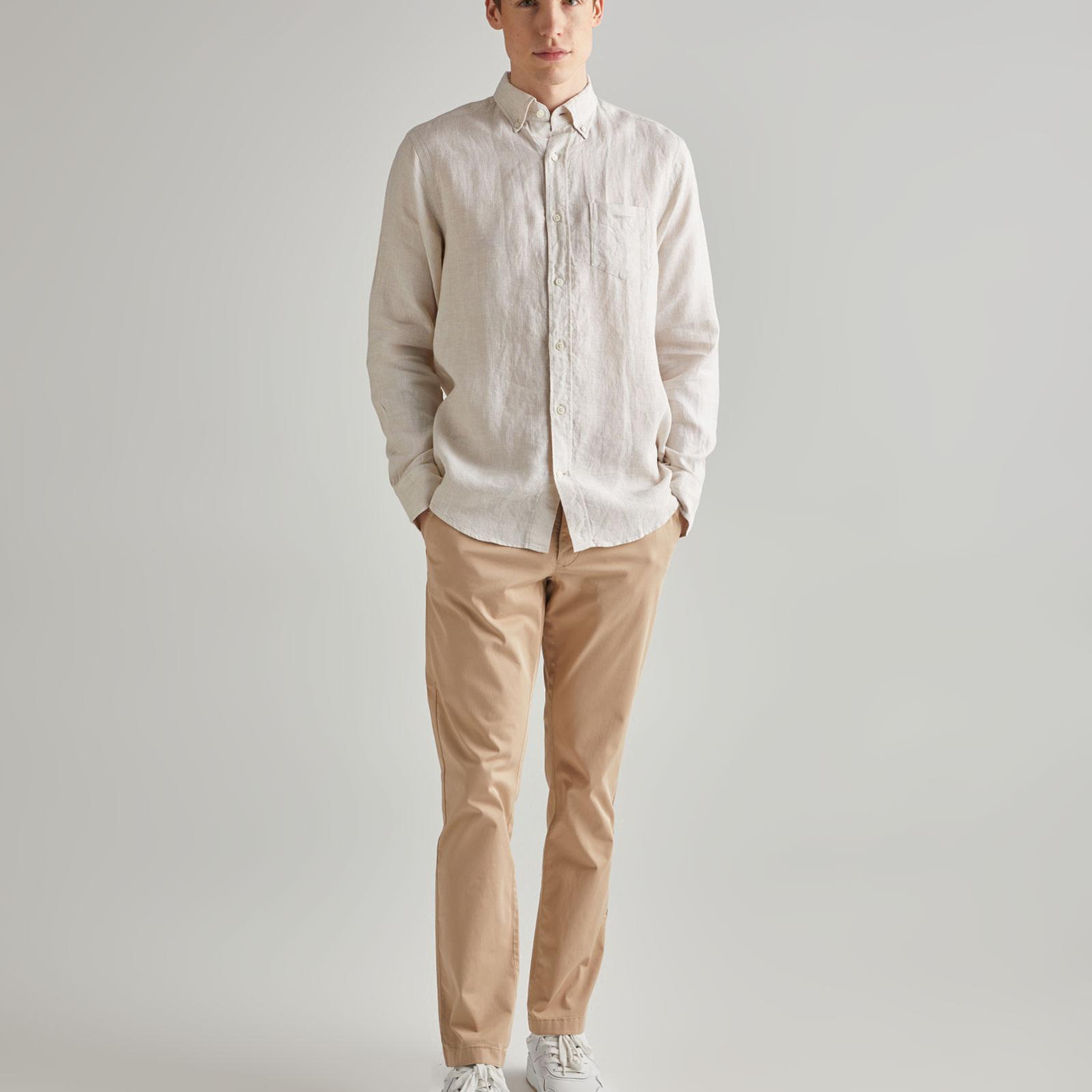 GANT Erkek Bej Regular Fit Çizgili Keten Gömlek