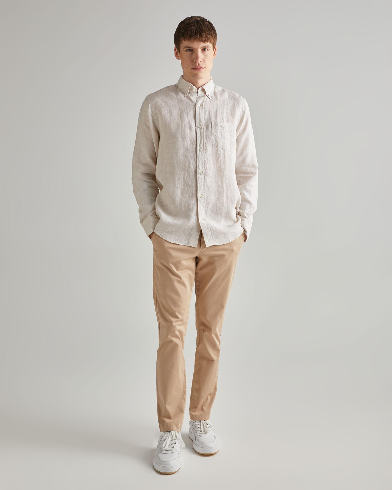 GANT Erkek Bej Regular Fit Çizgili Keten Gömlek